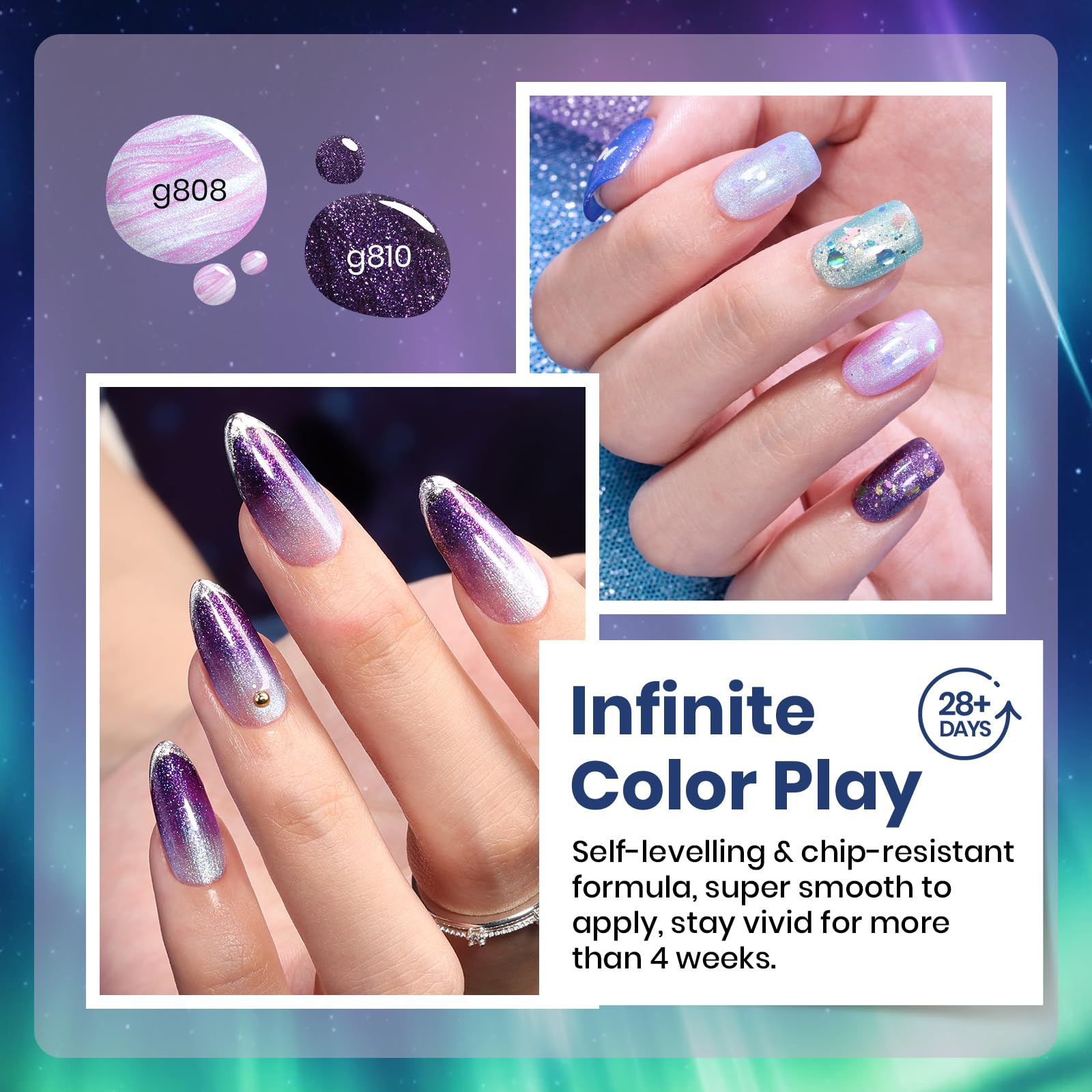 Beetles swatch layout of all six colors on tips showing color-shift sparkle for creative reference