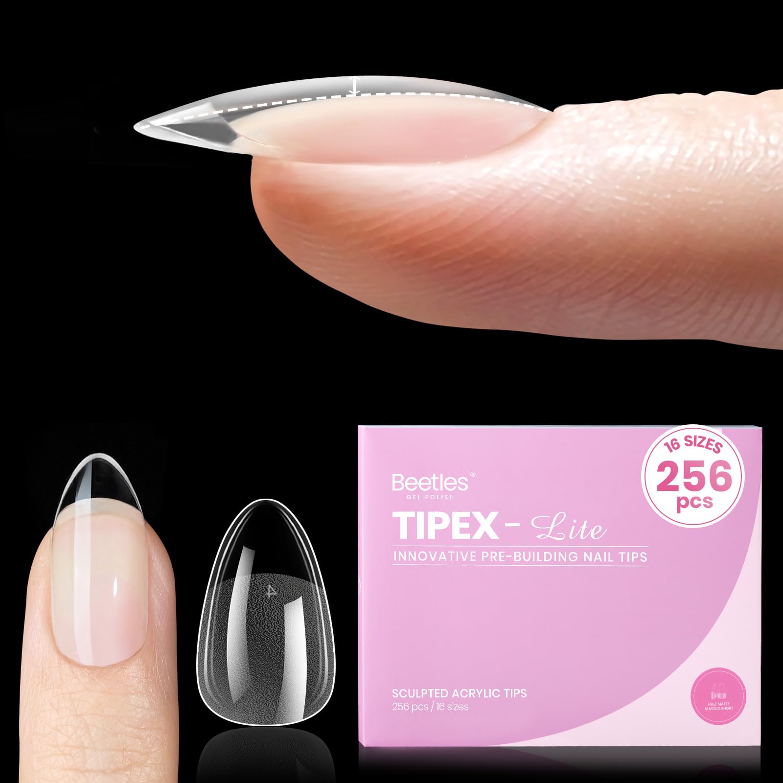 Beetles Gel Polish front packaging showing 256-piece tip set and sizes