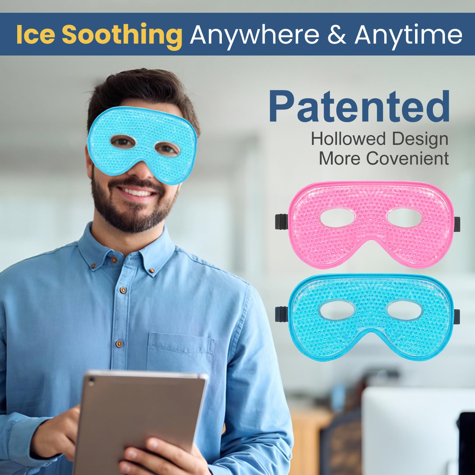 Person using BeeVines XL mask for cooling relief and reduced eye puffiness