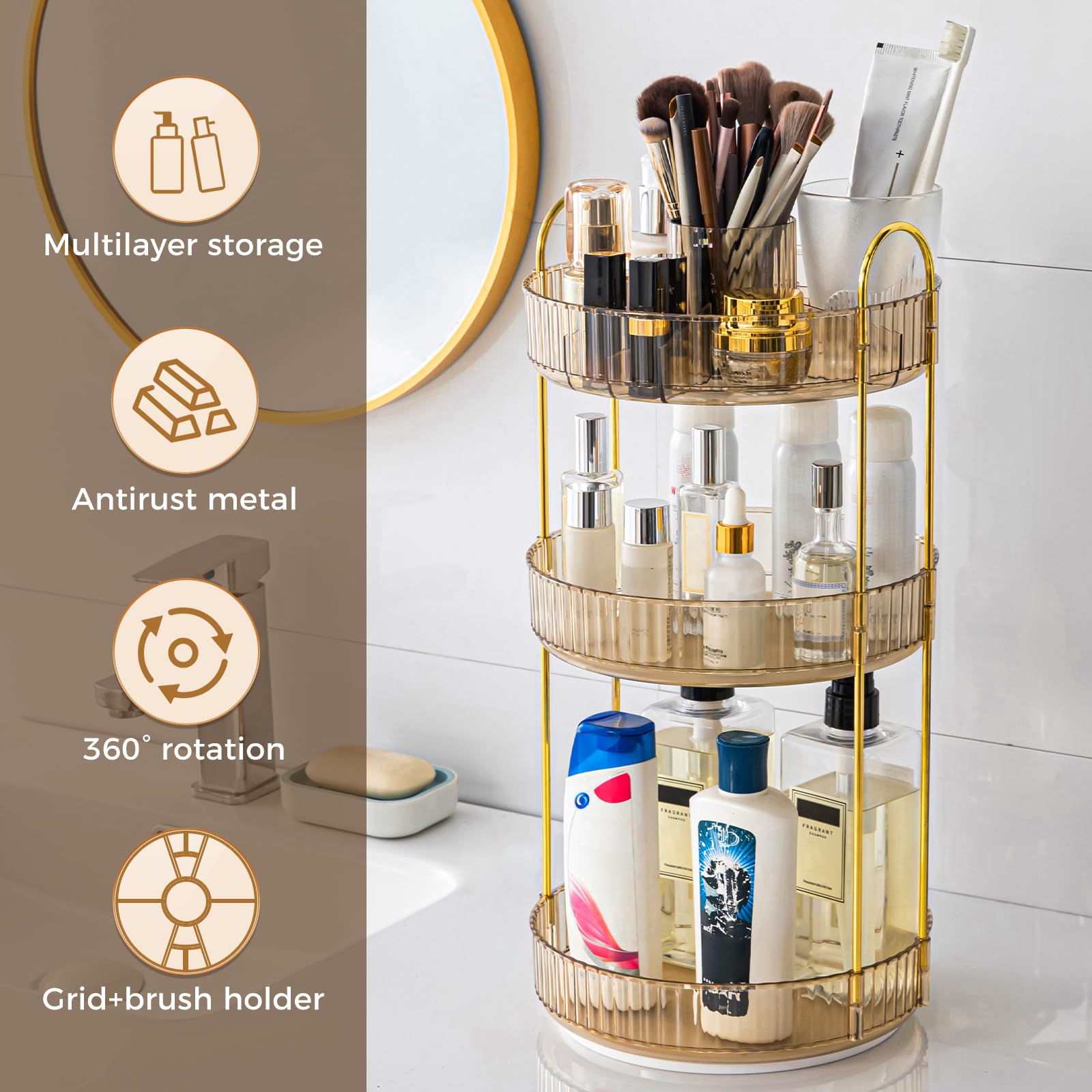 BEFSOP amber organizer top-tier holding brushes and serums for tidy storage