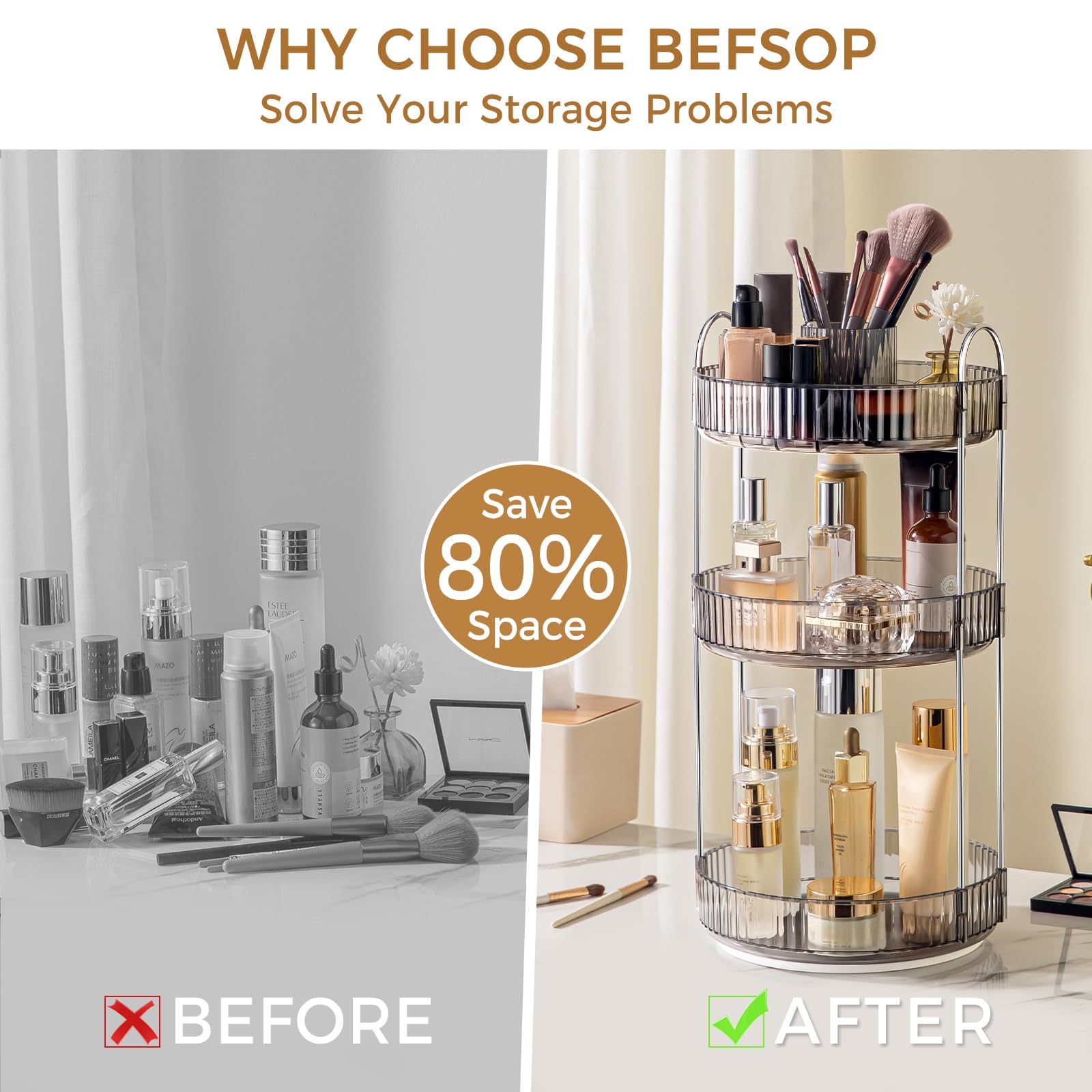 BEFSOP bottom tier with foundations and nail polish demonstrating high-capacity organization benefit