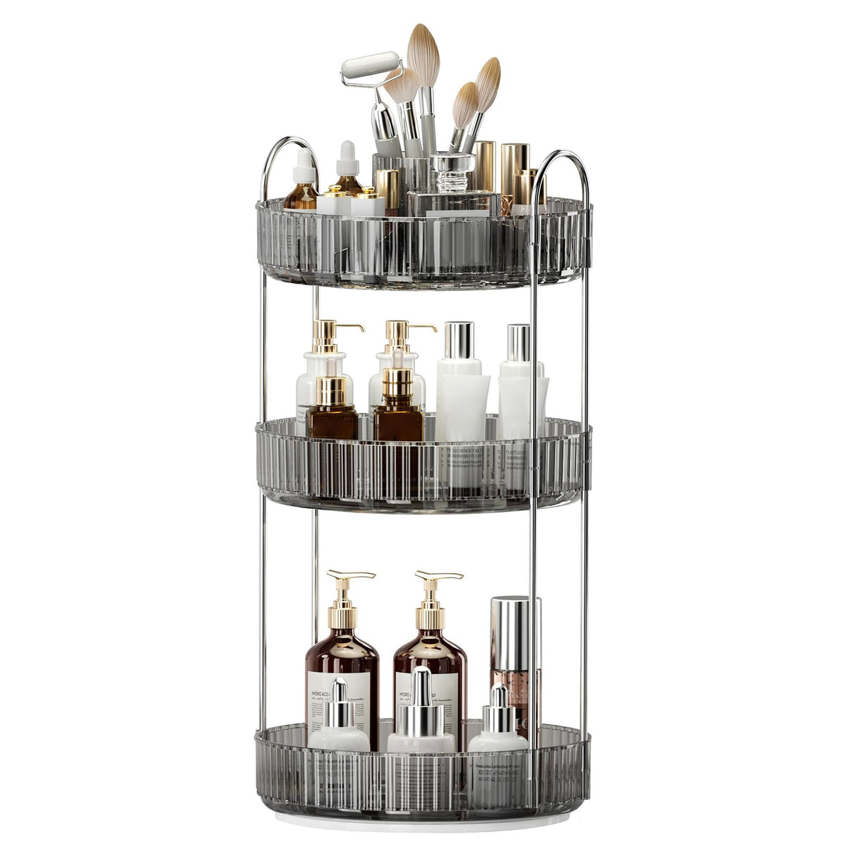BEFSOP front view of 3-tier rotating organizer showing clear trays and grey stand for tidy storage
