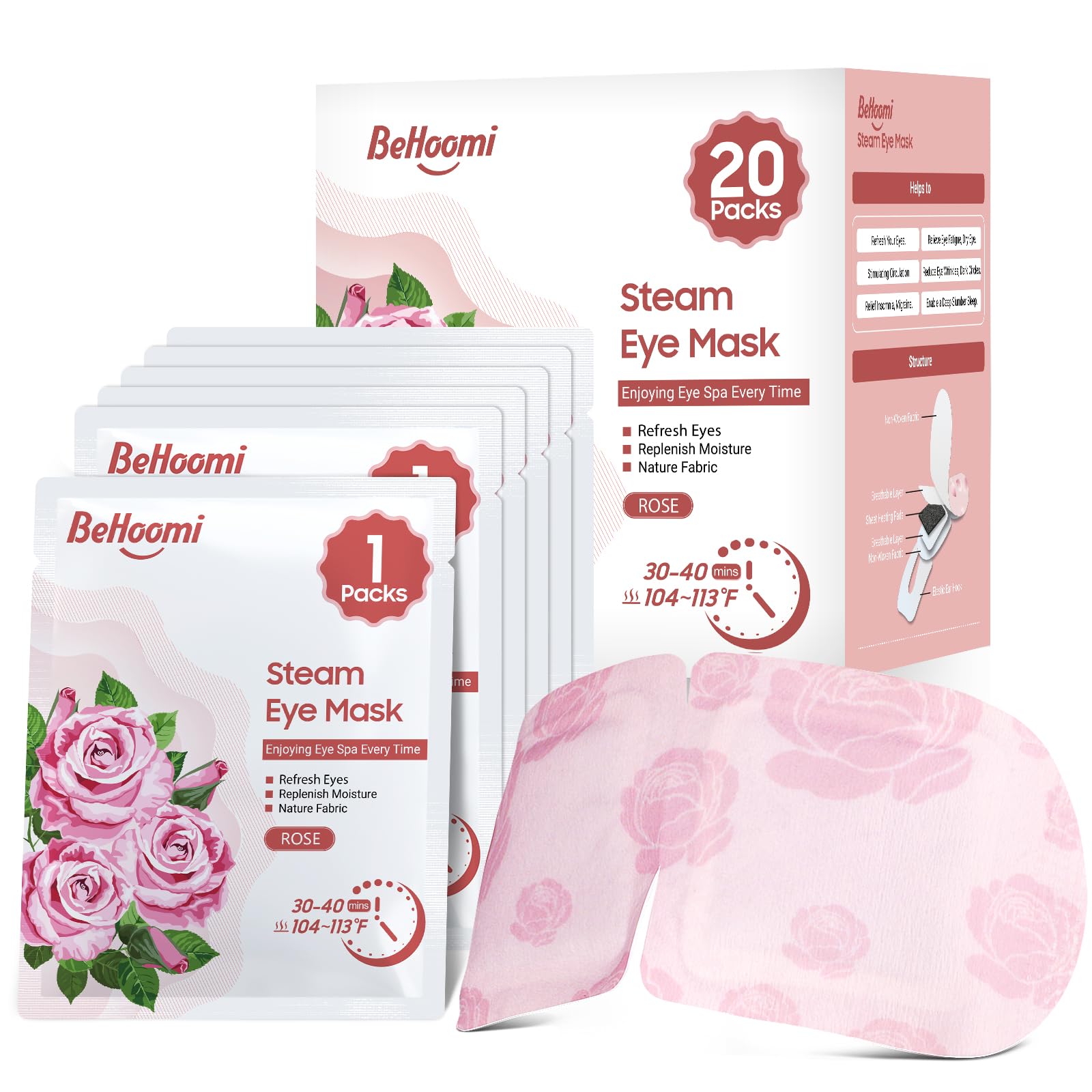 BeHoomi front packaging in rose showing 20-pack and benefits