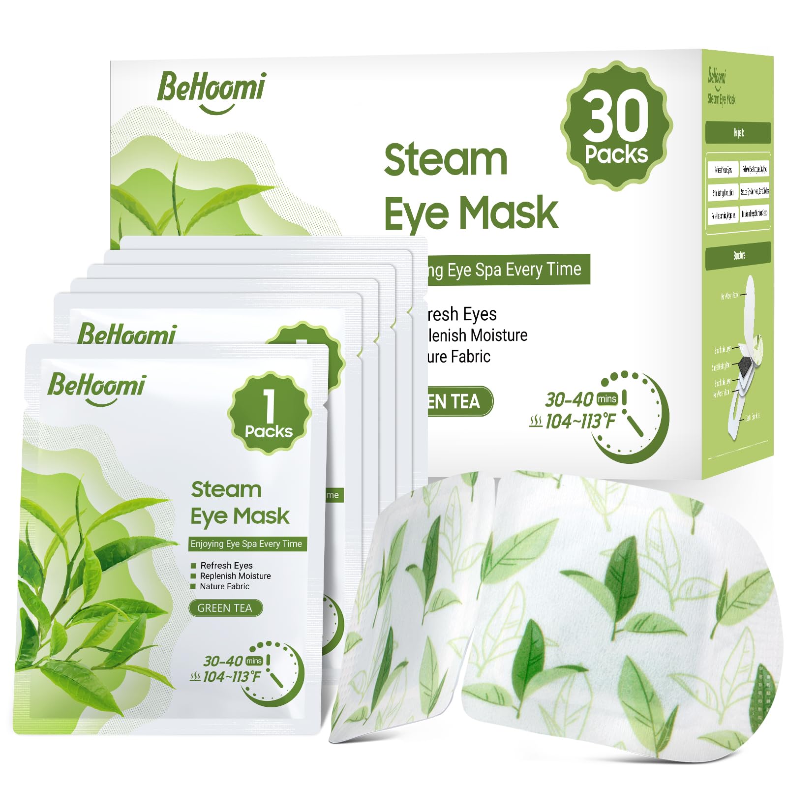 BeHoomi front packaging showing 30-pack and green tea scent benefit