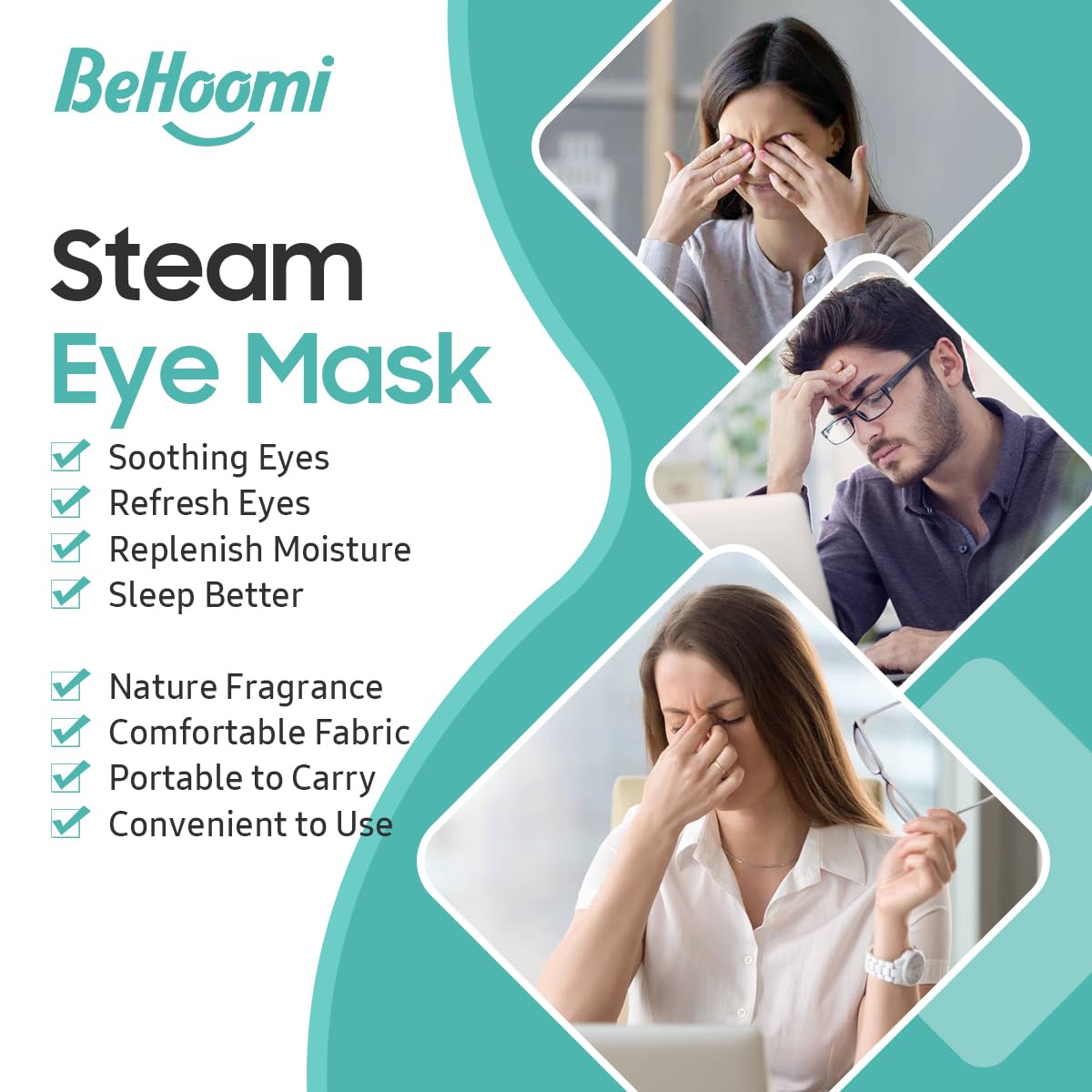 BeHoomi mask in use on woman demonstrating relaxed eyes and restful benefit