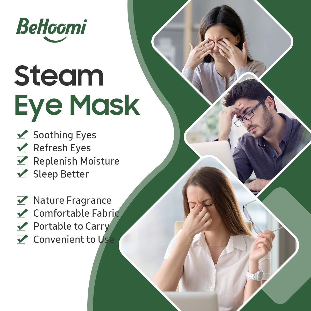 BeHoomi mask worn by user relaxing to relieve eye strain on a couch