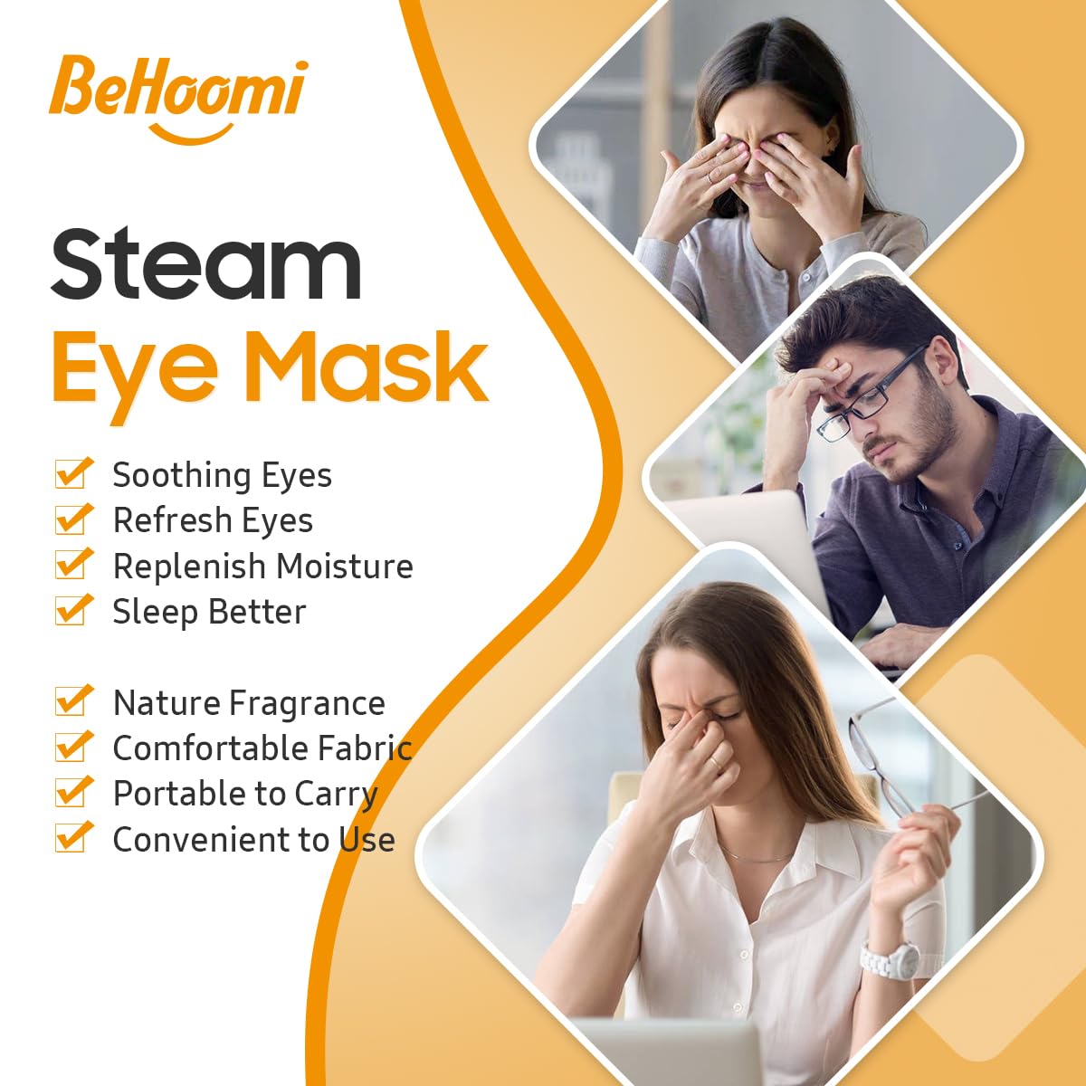 BeHoomi mask on traveler demonstrating portable warm eye relief