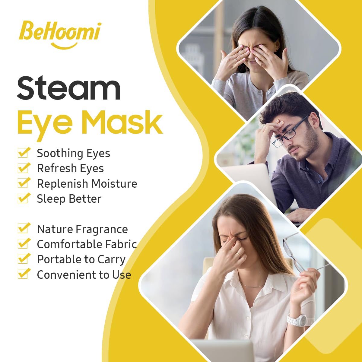 BeHoomi mask worn in bed demonstrating restful travel-ready comfort