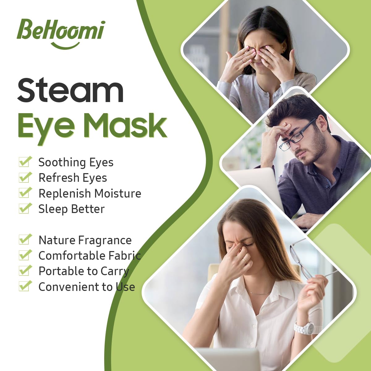 BeHoomi steam eye mask worn on face delivering warm relaxation