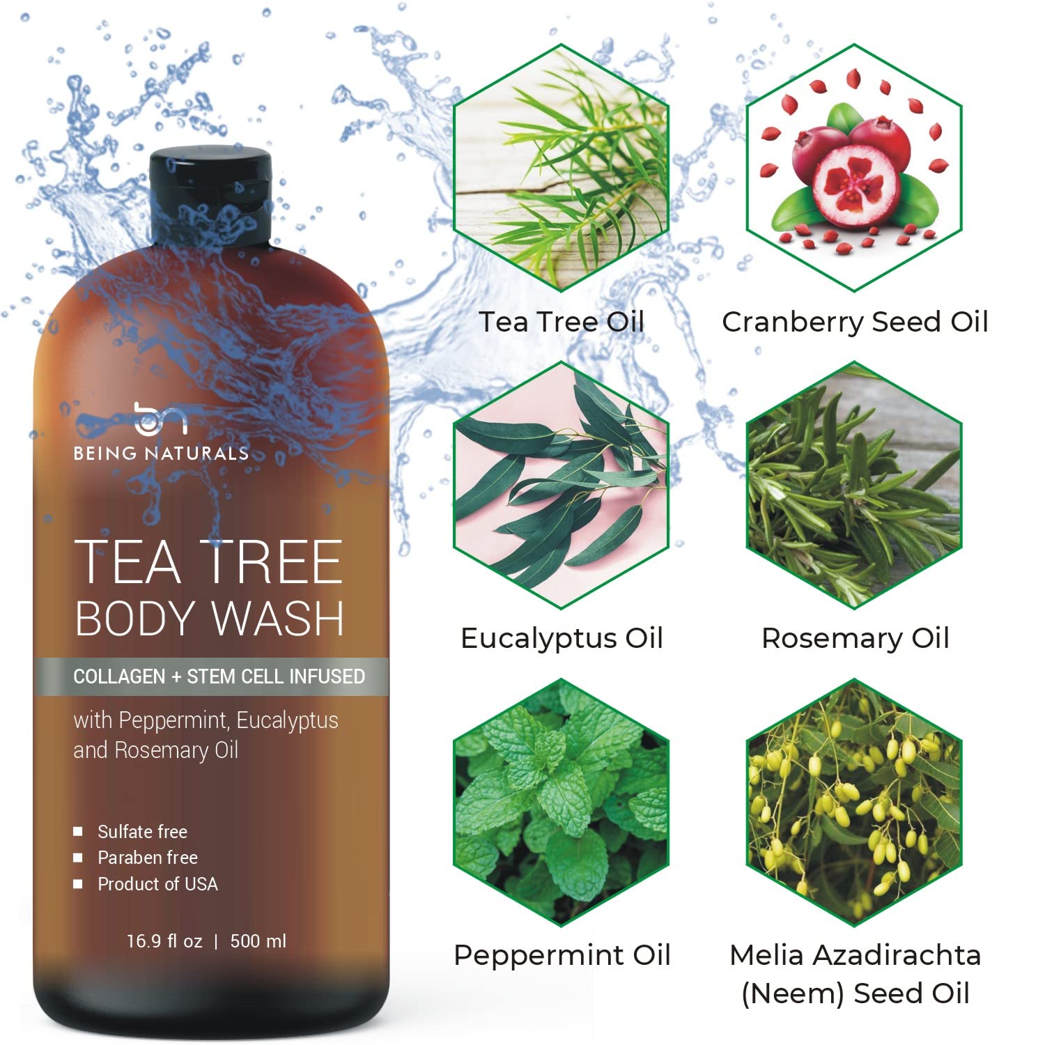Being Naturals pump and label close-up highlighting key ingredients