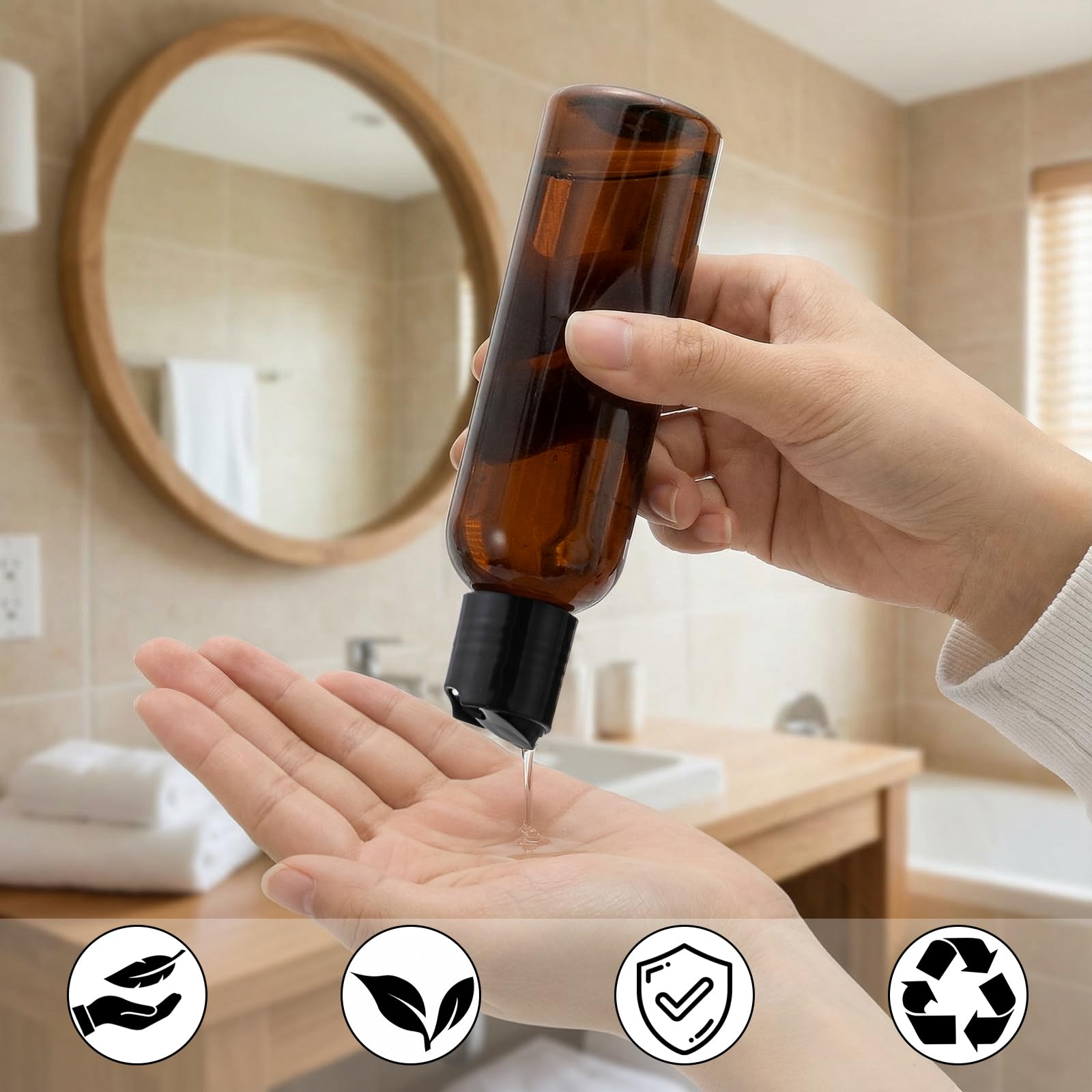 Bekith filling a bottle with shampoo for easy refills on the go