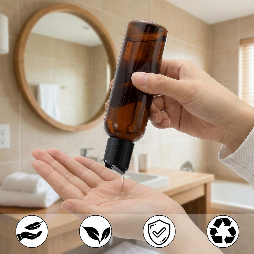 Bekith filling a bottle with shampoo for easy refills on the go