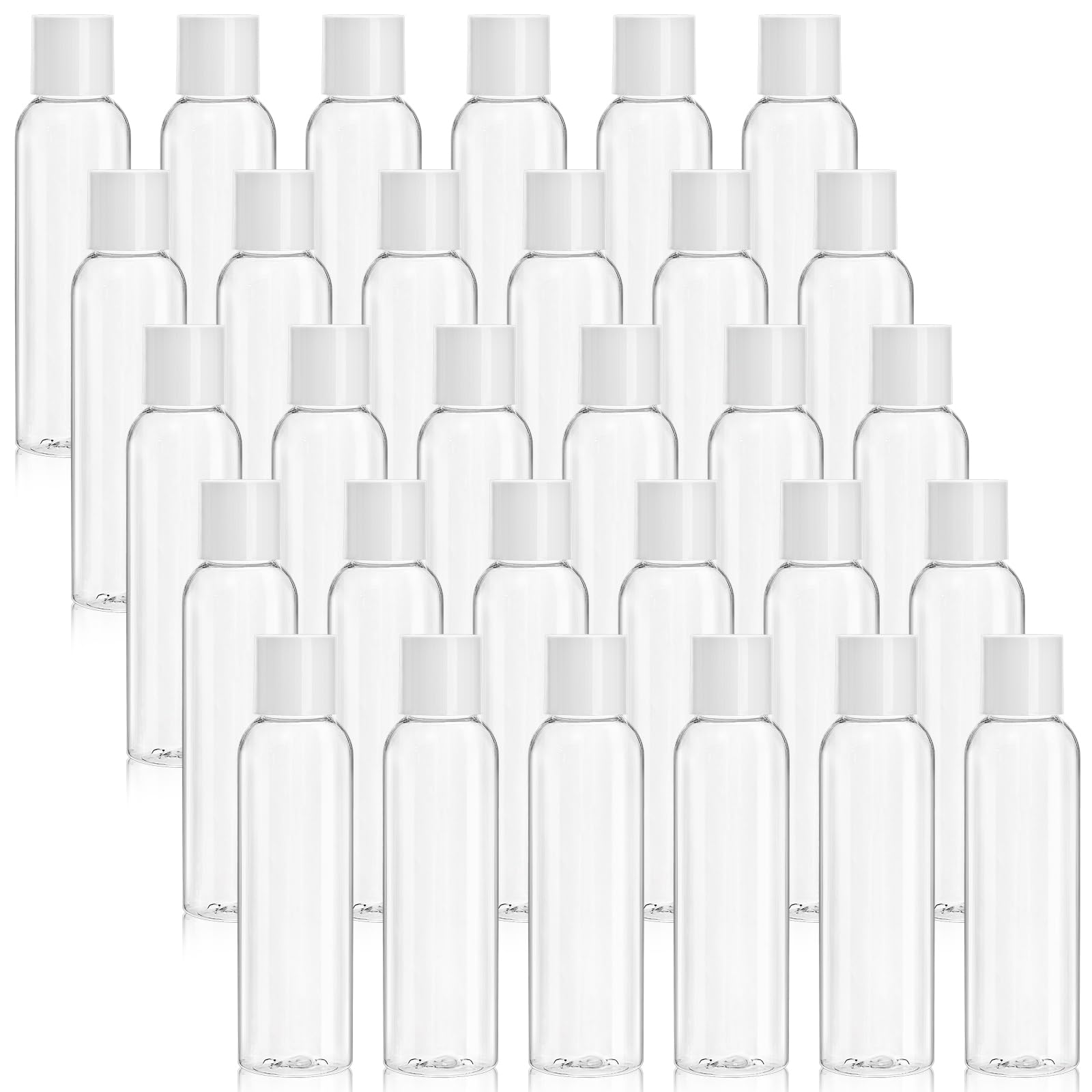 Bekith front view of 30 clear bottles showing compact set and convenience