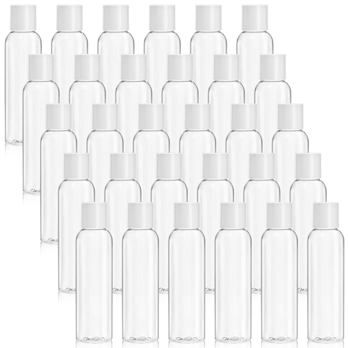 Bekith front view of 30 clear bottles showing compact set and convenience