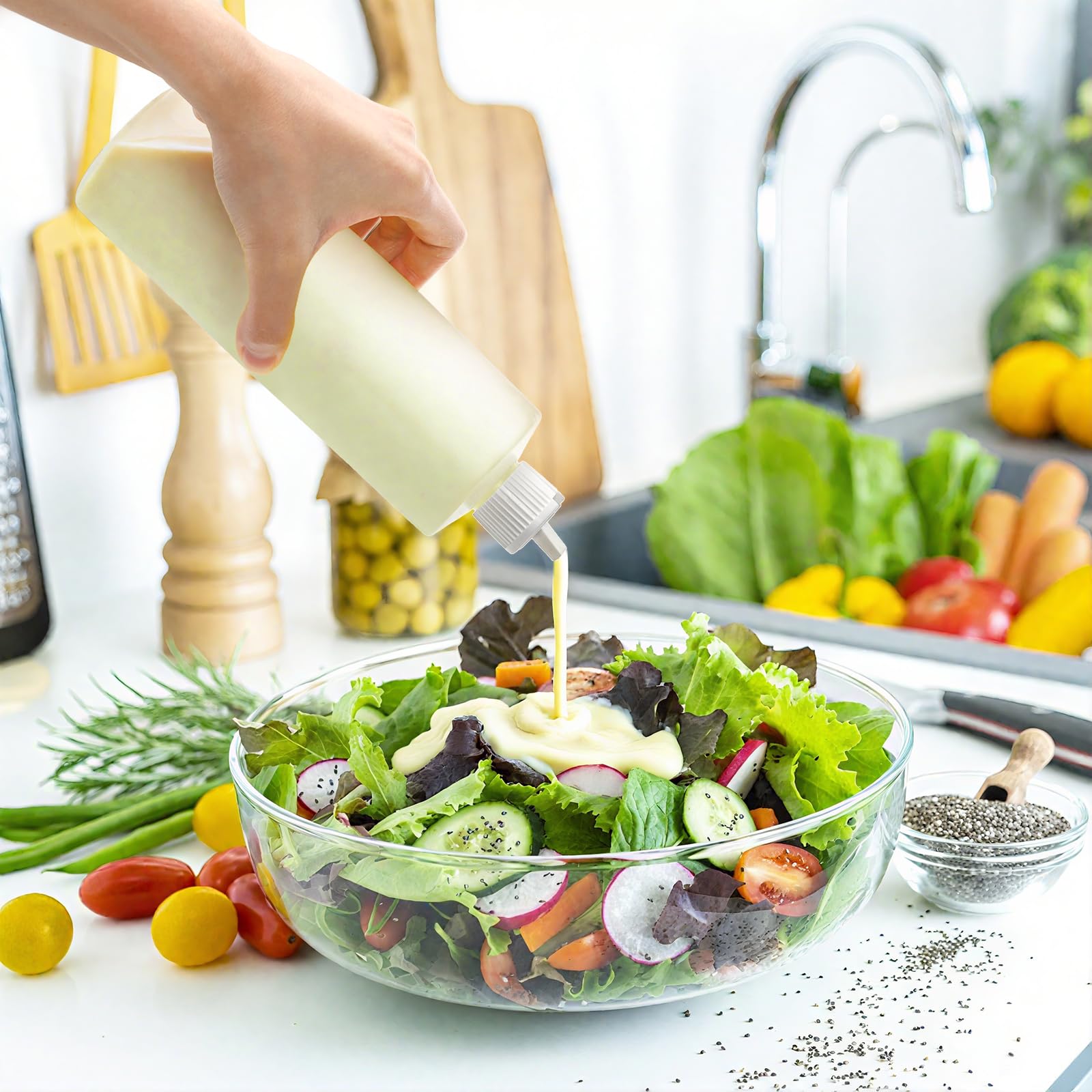 Bekith bottle dispensing sauce in kitchen illustrating mess-free condiment pouring benefit
