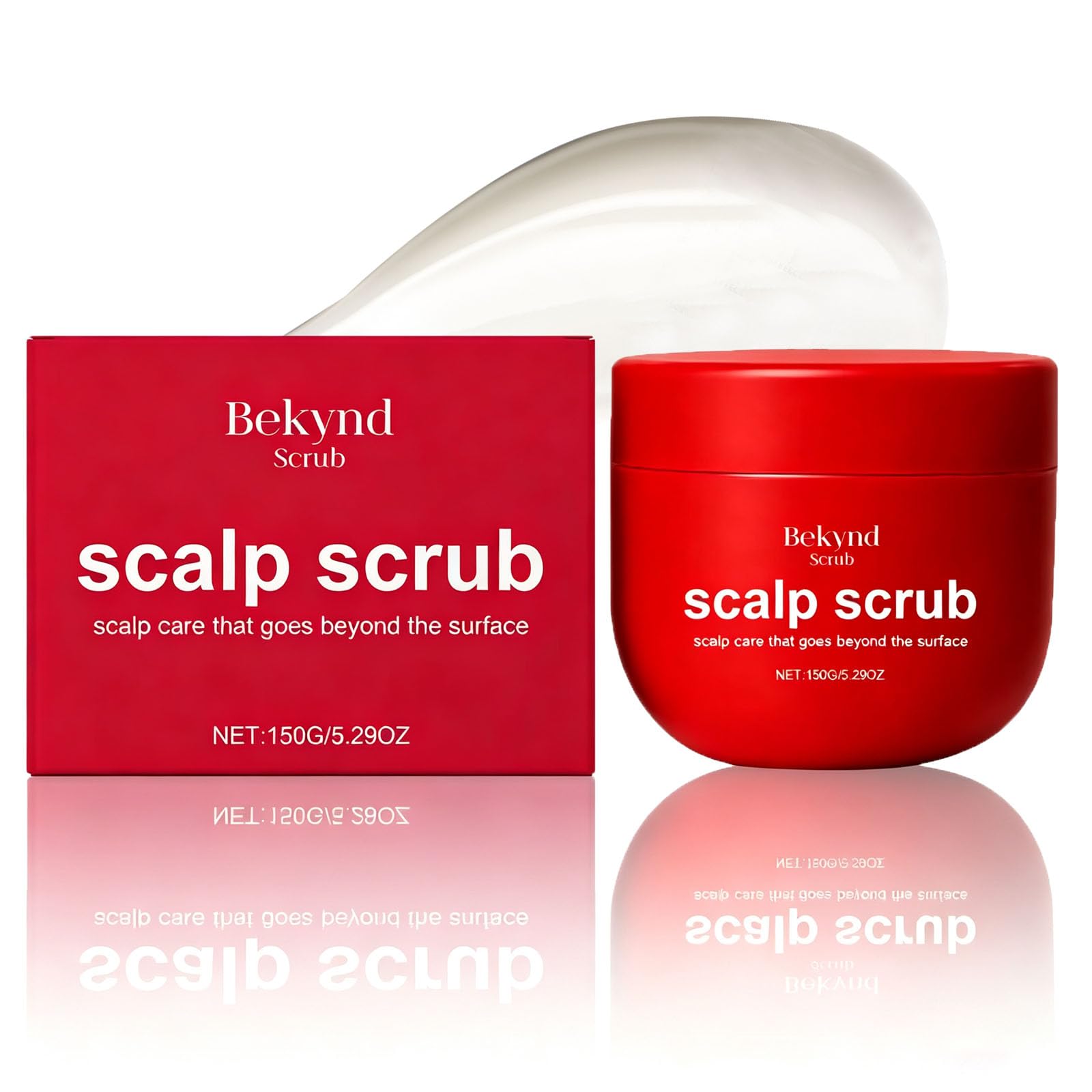Bekynd Scrub red jar front packaging showing label and weight, highlights clarity benefit