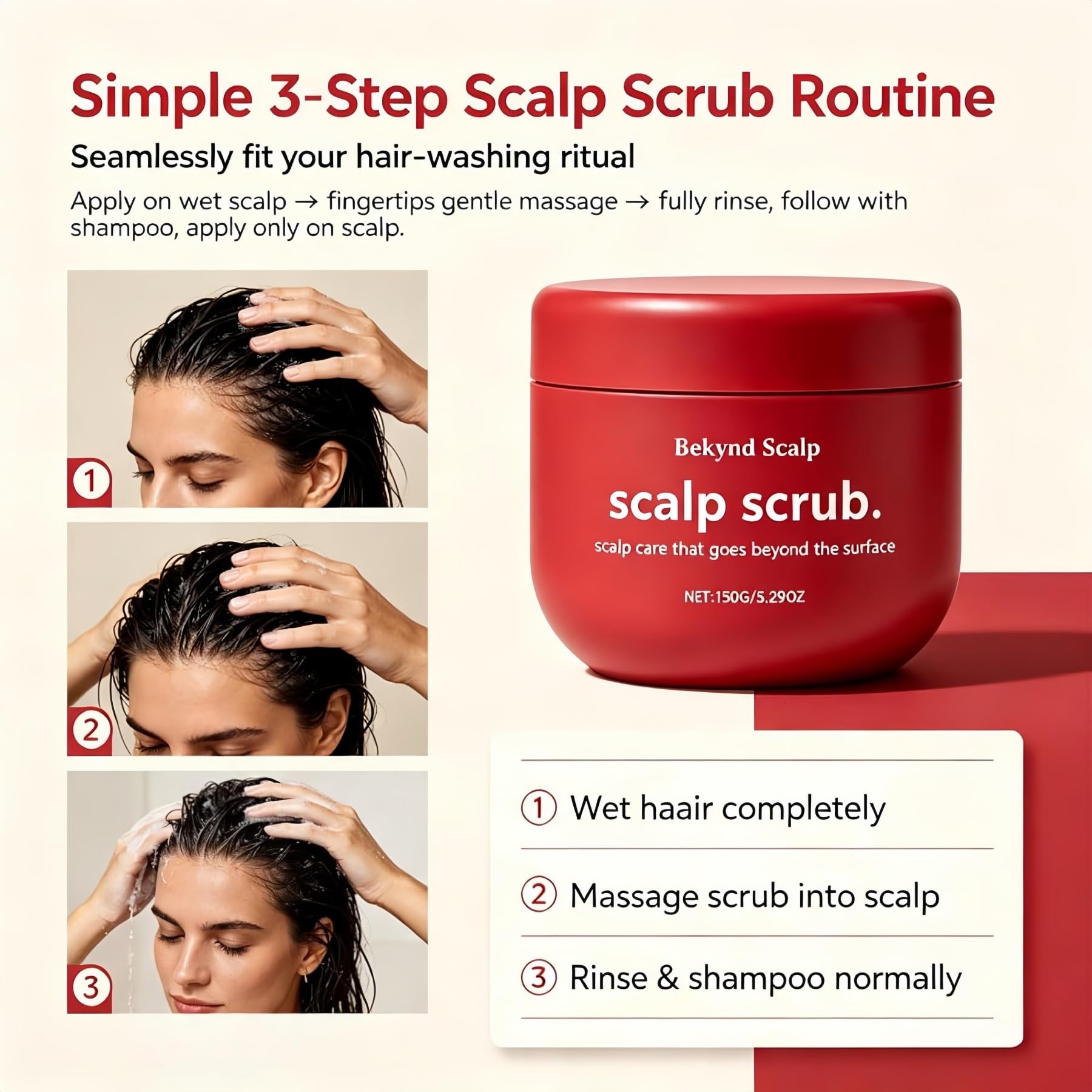 Bekynd Scalp jar held in hand showing 5.29 oz scale for accurate portion expectations