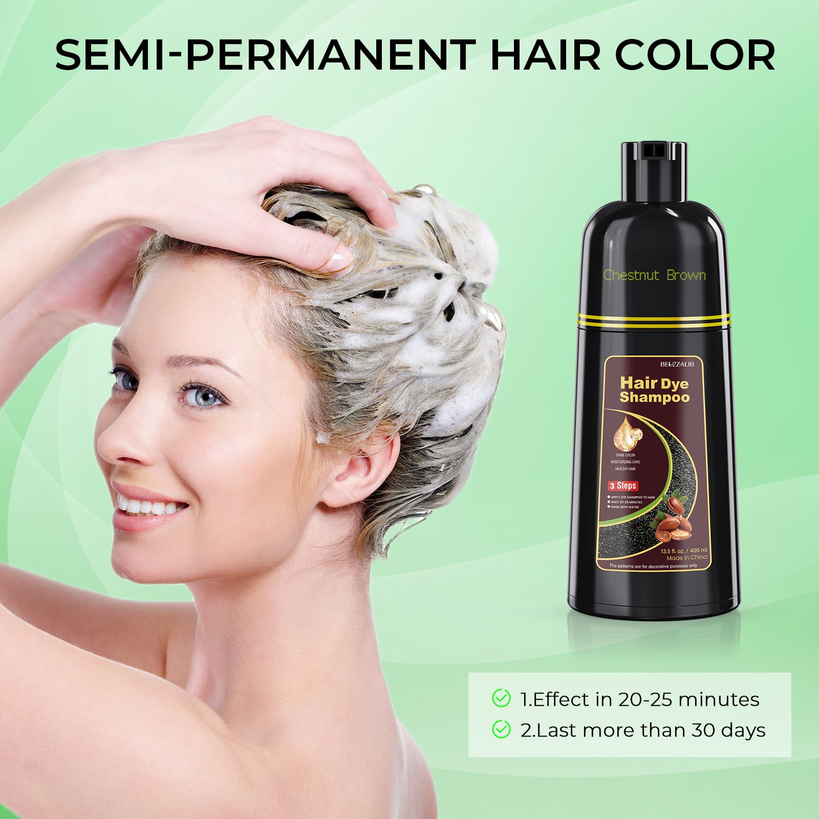 BELEZALIB finished hair shiny results displaying smooth chestnut brown sheen benefit