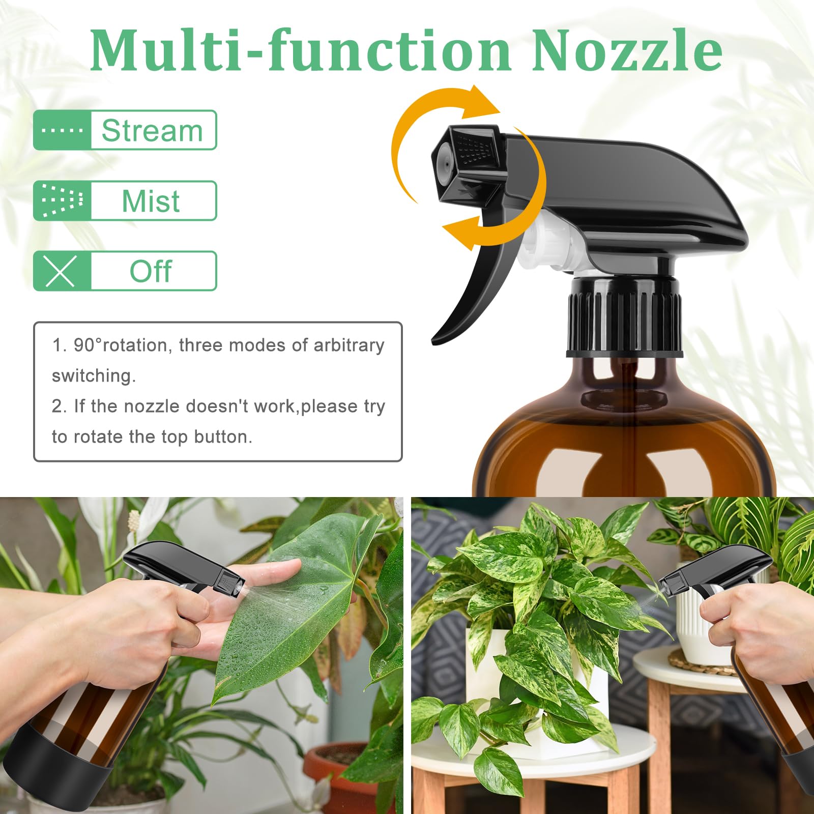 BELICOO nozzle close-up showing mist, stream, and off modes for control