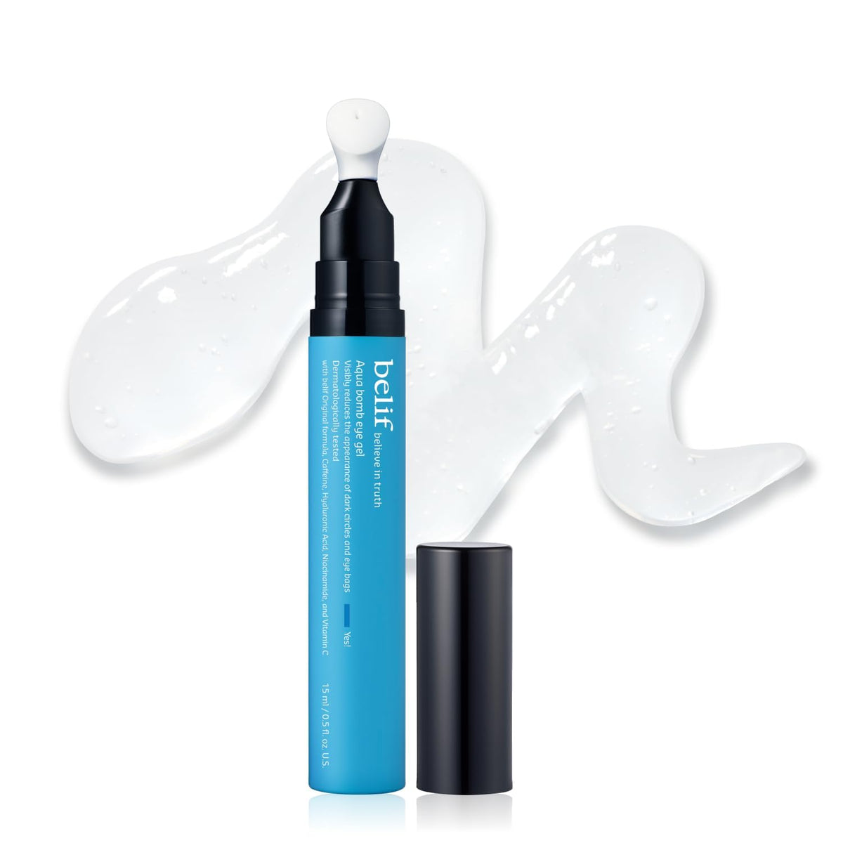 belif front packaging of Aqua Bomb Cooling Eye Gel showing compact tube and label benefit