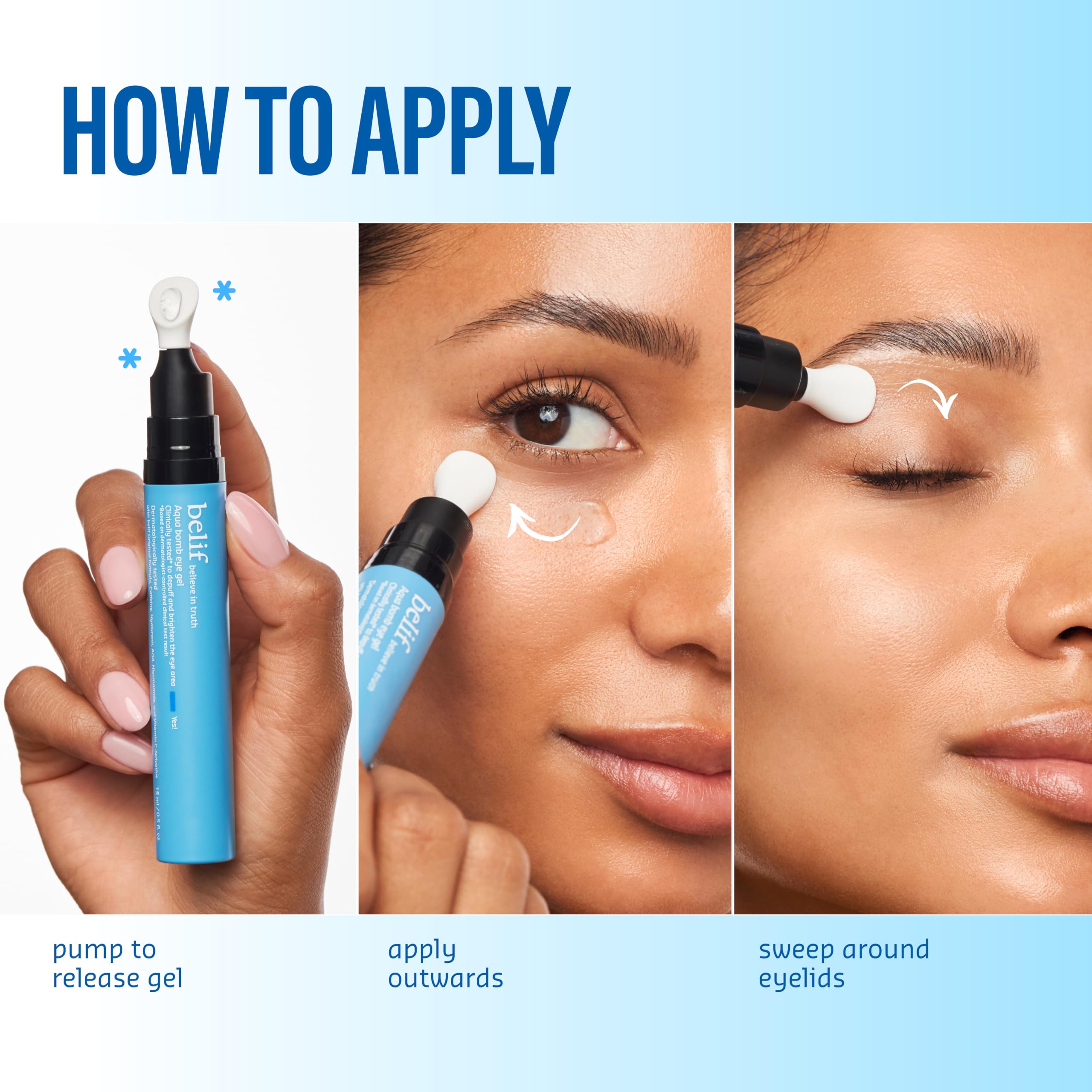 belif Aqua Bomb Cooling Eye Gel on bathroom counter showing daily routine convenience