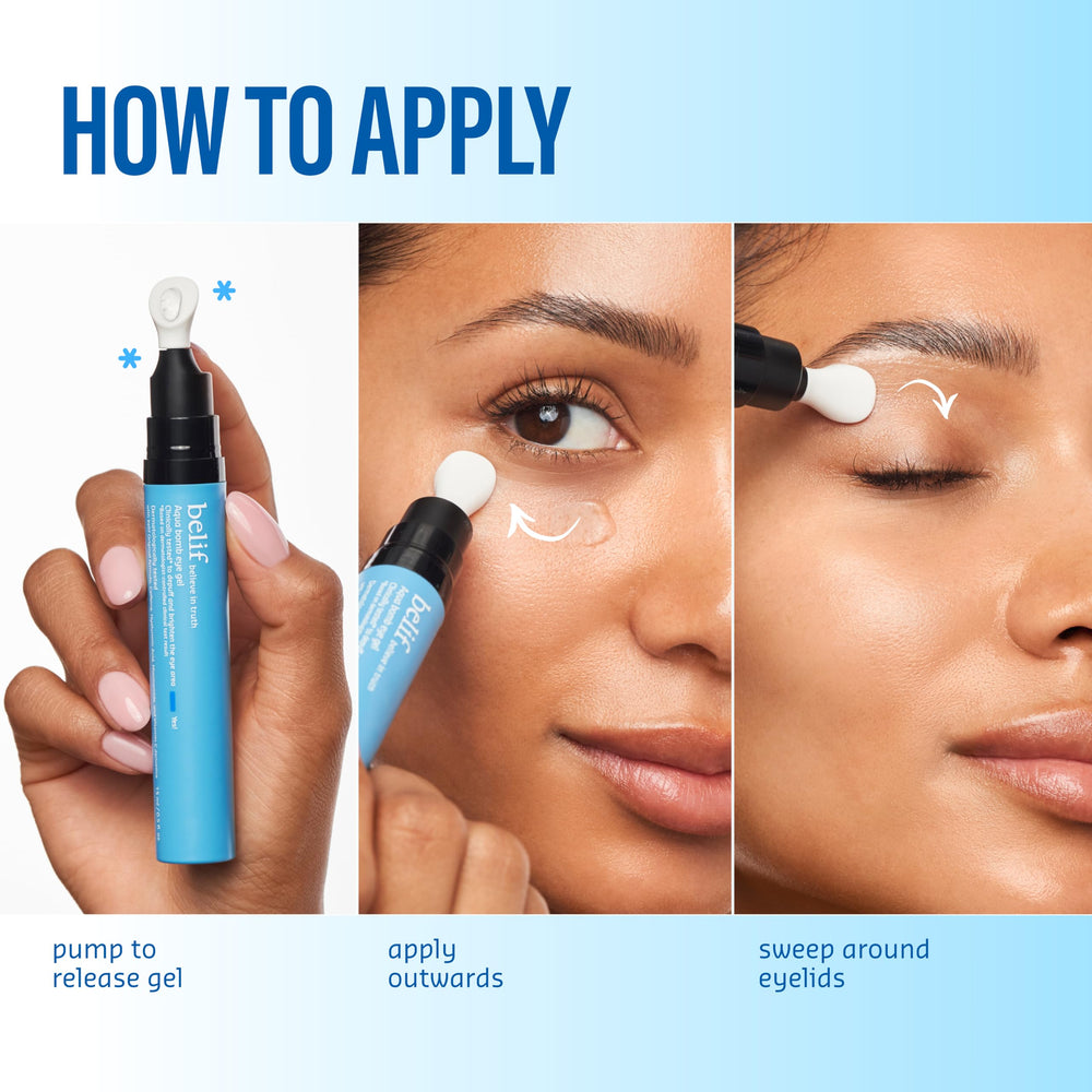 belif Aqua Bomb Cooling Eye Gel on bathroom counter showing daily routine convenience