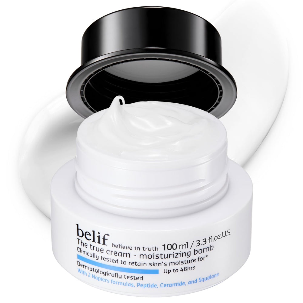 belif front packaging showing jar and label, highlights hydration benefit