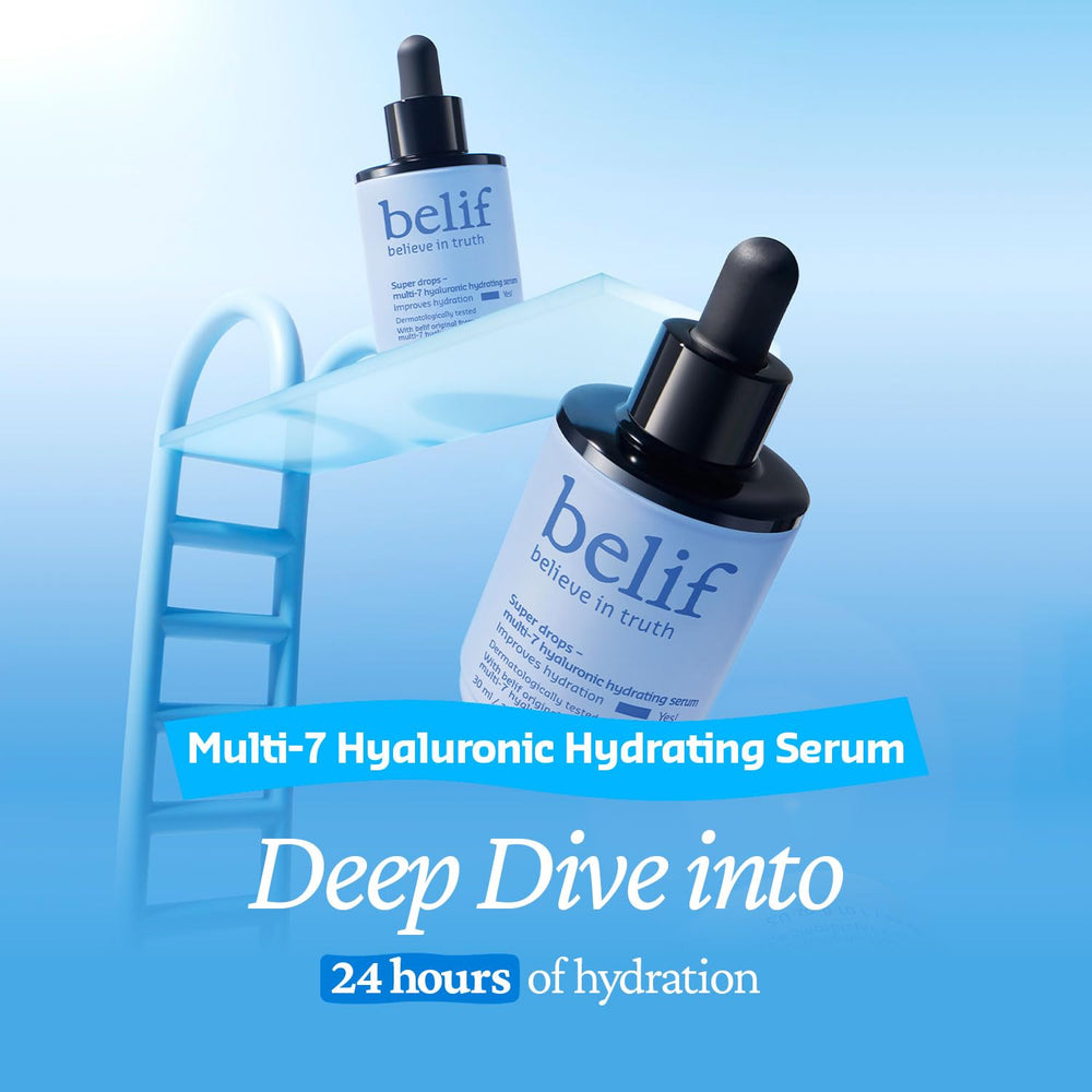 belif label detail highlighting Multi-7 Hyaluronic Acid blend and claims