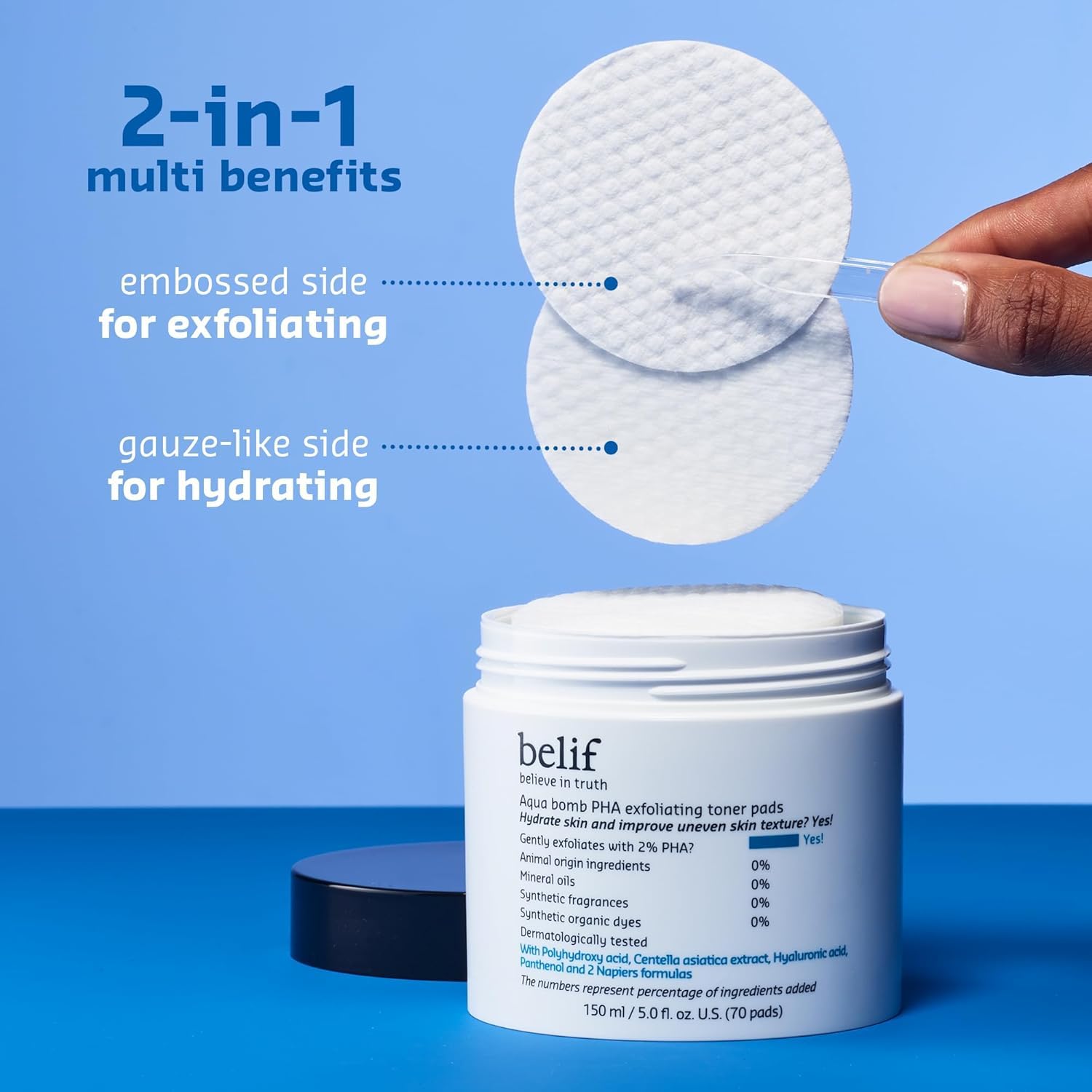 belif pad being swiped on cheek demonstrating calm, hydrated finish