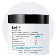 belif front packaging showing 70-count pads and product benefits