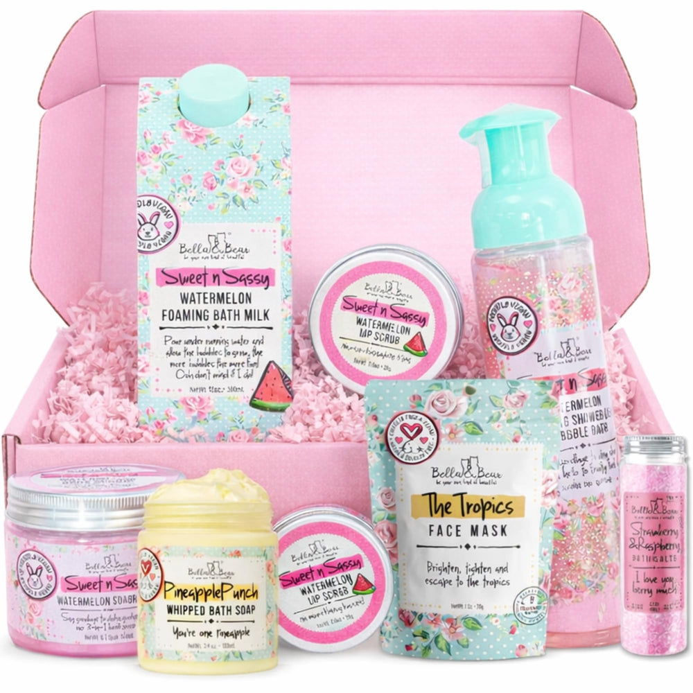 Bella and Bear pink gift box front view showing curated products and gifting appeal