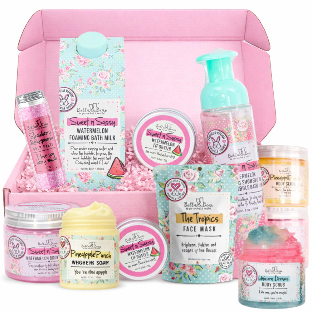 Bella and Bear boxed set front view shows pink gift-ready packaging and surprise value