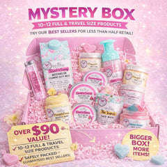 Bella and Bear open box displays 10–12 assorted bath and skincare items for discovery