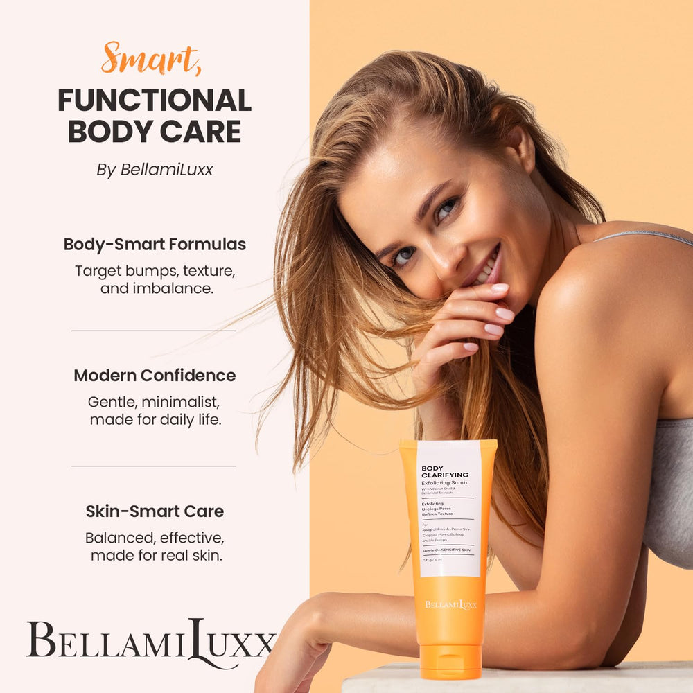 BellamiLuxx scrub in shower lifestyle scene promoting clearer-looking skin
