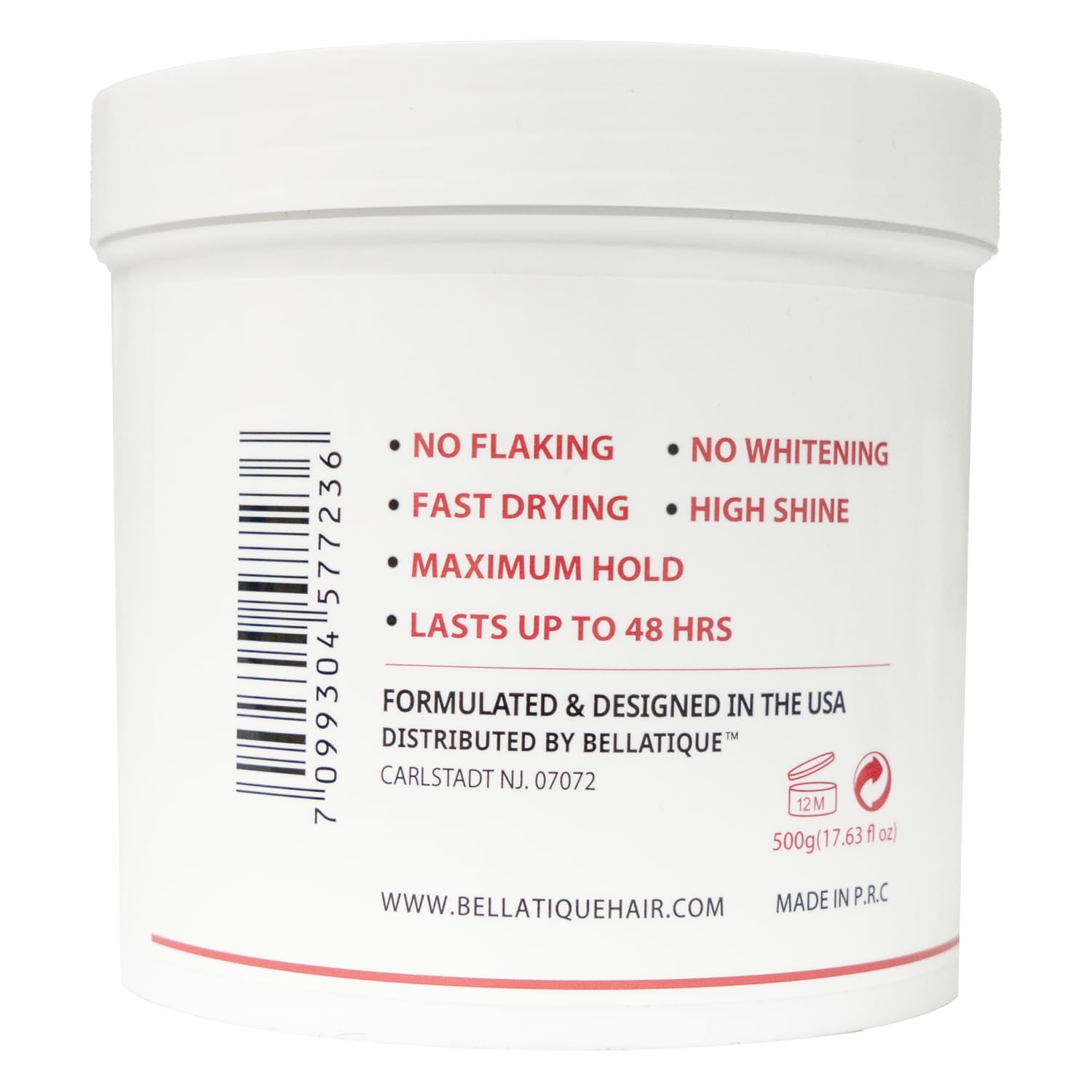 BELLATIQUE ingredient and label close-up showing no-flake claim and directions benefit