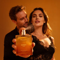 Bellavita Luxury bottle spraying fragrance, demonstrating easy application and fine mist