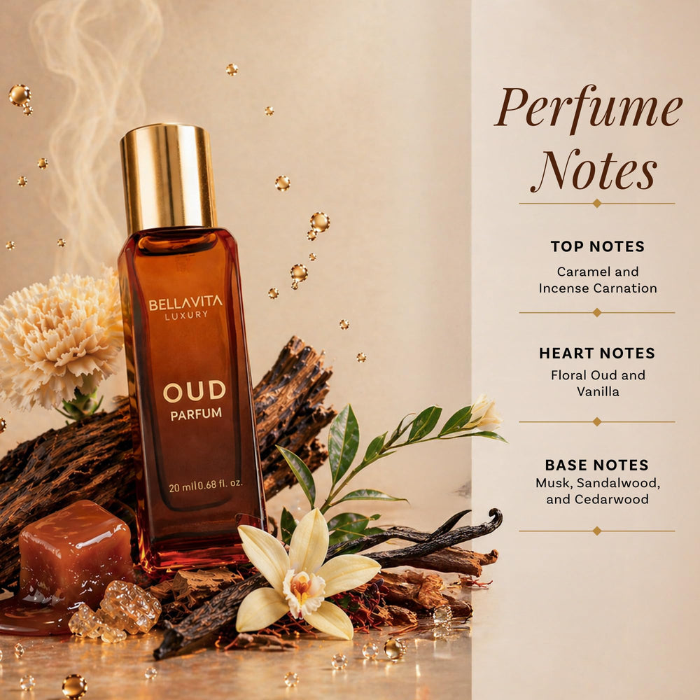 BellaVita Luxury OUD bottle with warm lighting, conveys deep oud and caramel richness