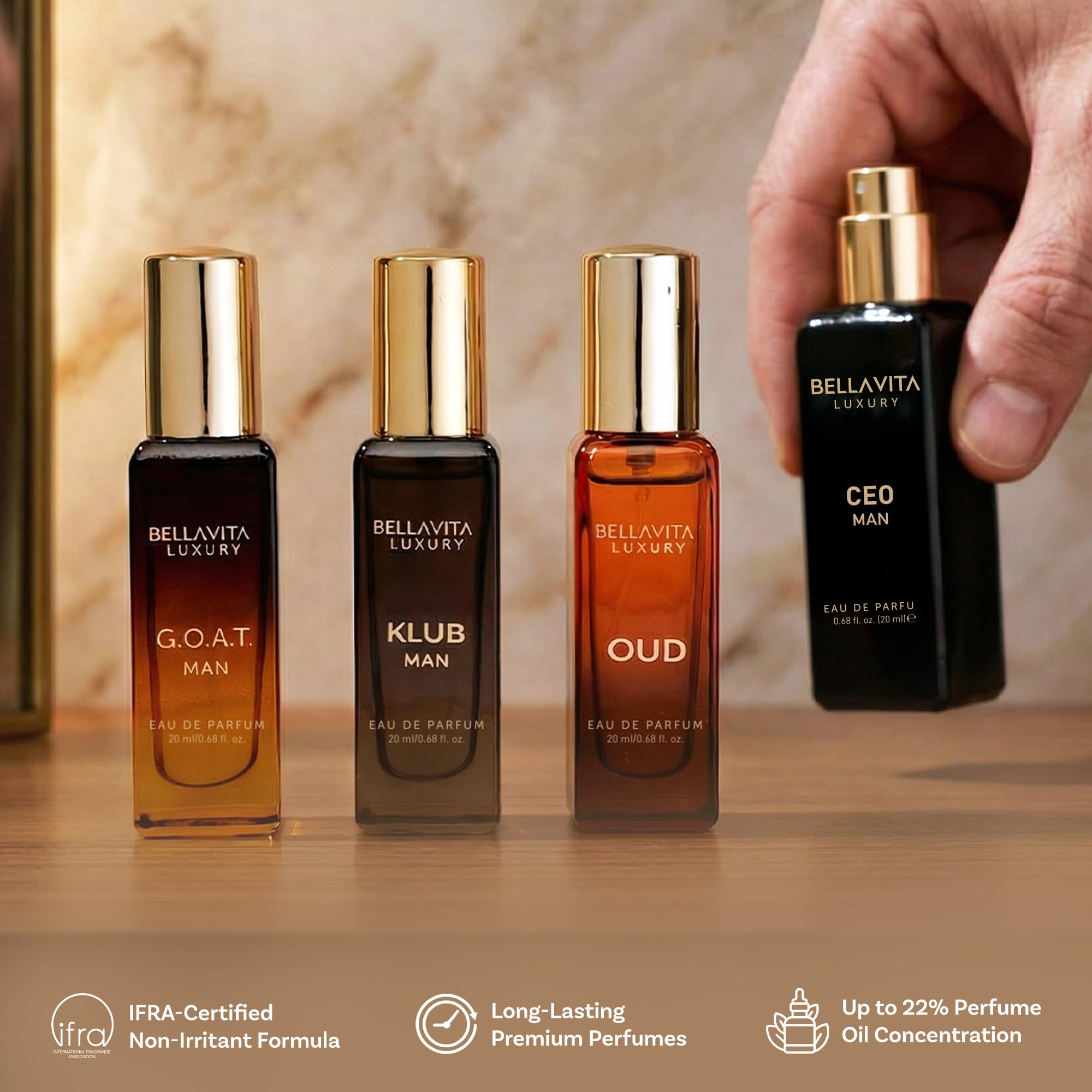 BellaVita Luxury bottles beside a wallet for scale, indicates compact 20ml travel size