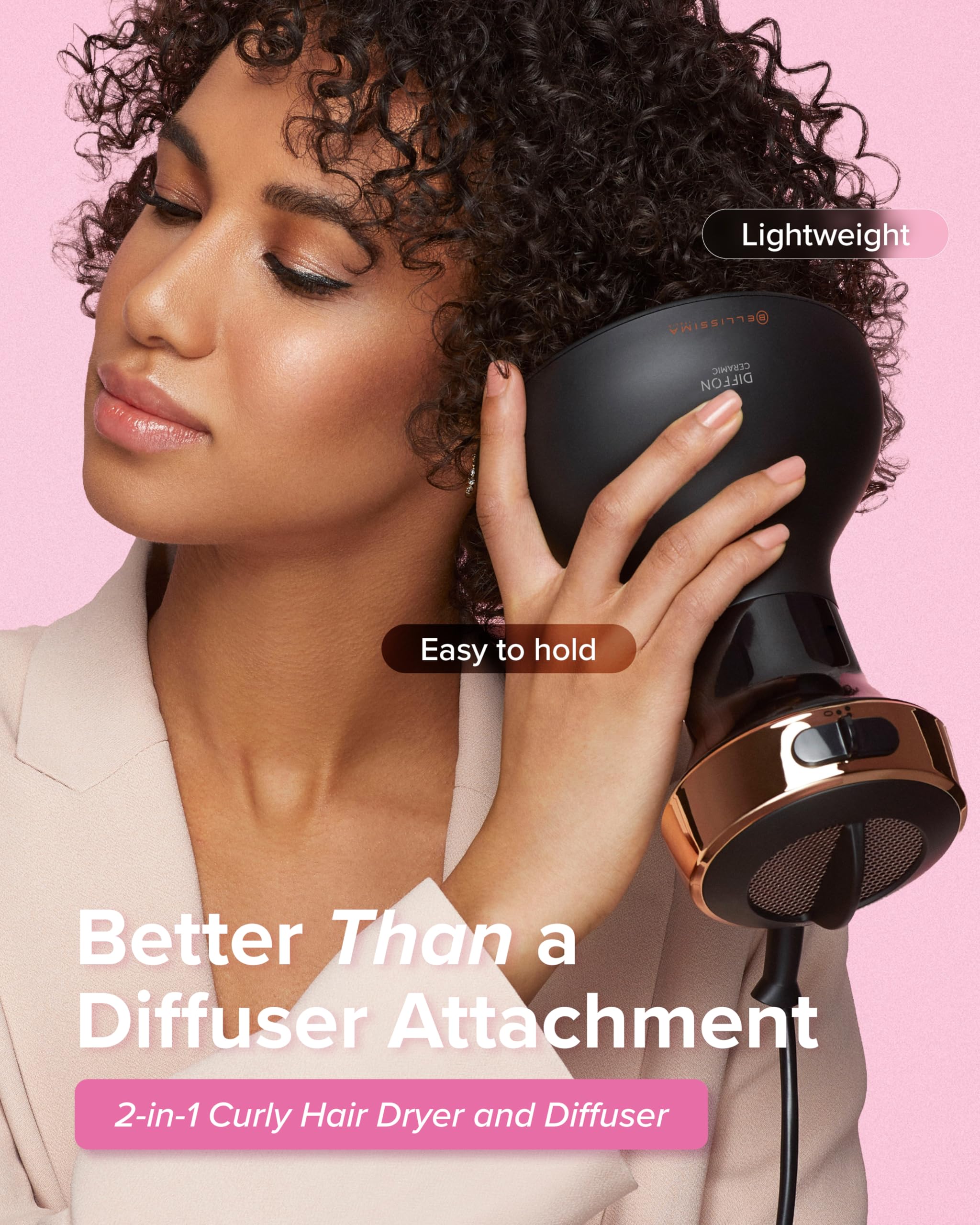 Bellissima Diffon handle ergonomic detail for comfortable hold during longer styling