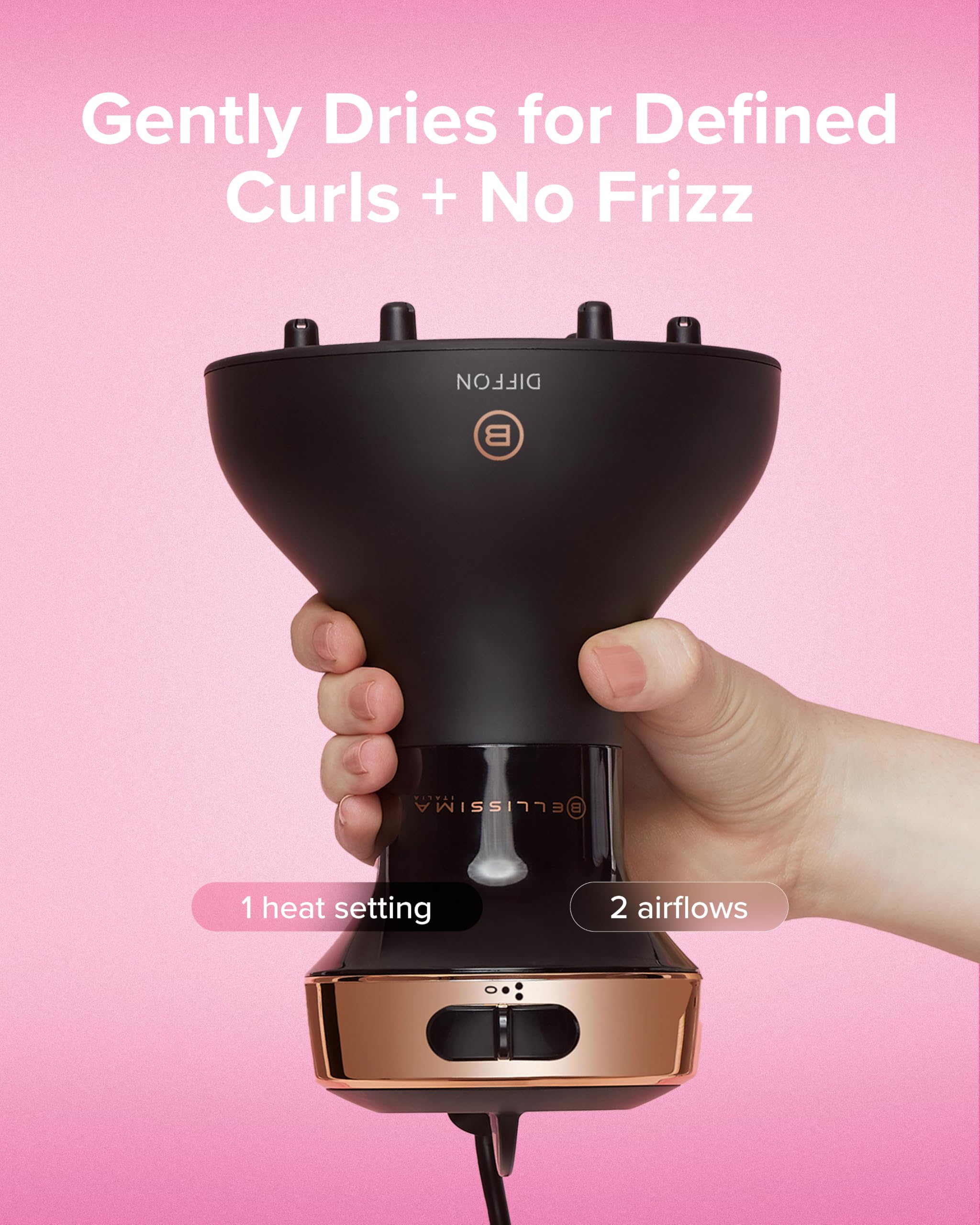 Bellissima Diffon size comparison beside a hand showing travel-friendly compactness