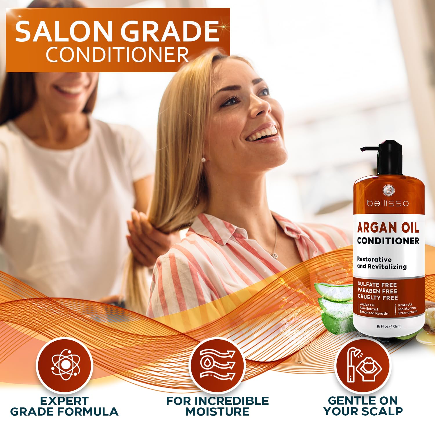 BELLISSO conditioner on bath shelf suggesting salon routine