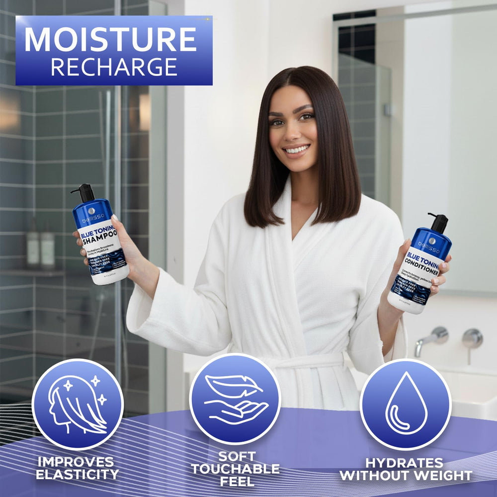 BELLISSO before-and-after brunette comparison showing reduced brassiness and cooler color