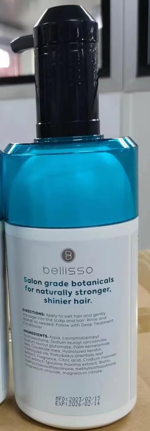 BELLISSO shampoo on bathroom shelf suggesting salon-quality routine