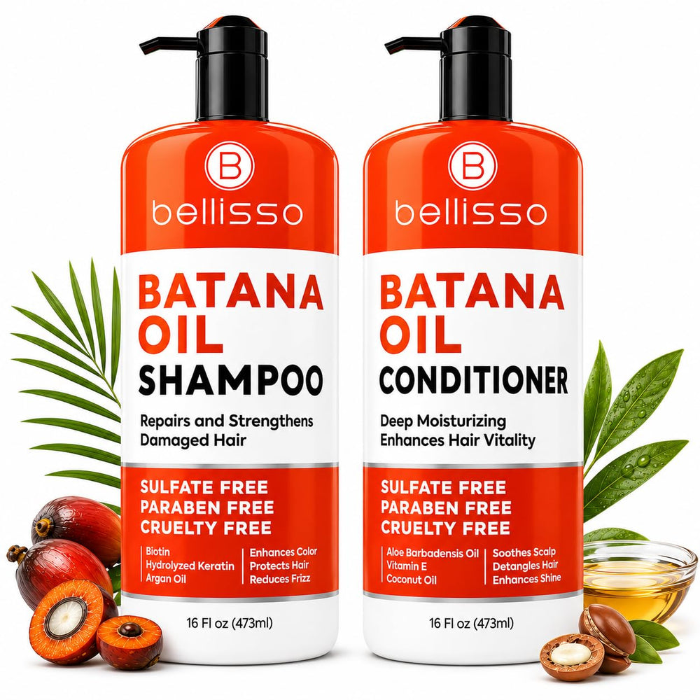 BELLISSO front packaging showing both batana oil shampoo and conditioner, highlighting fullness benefit