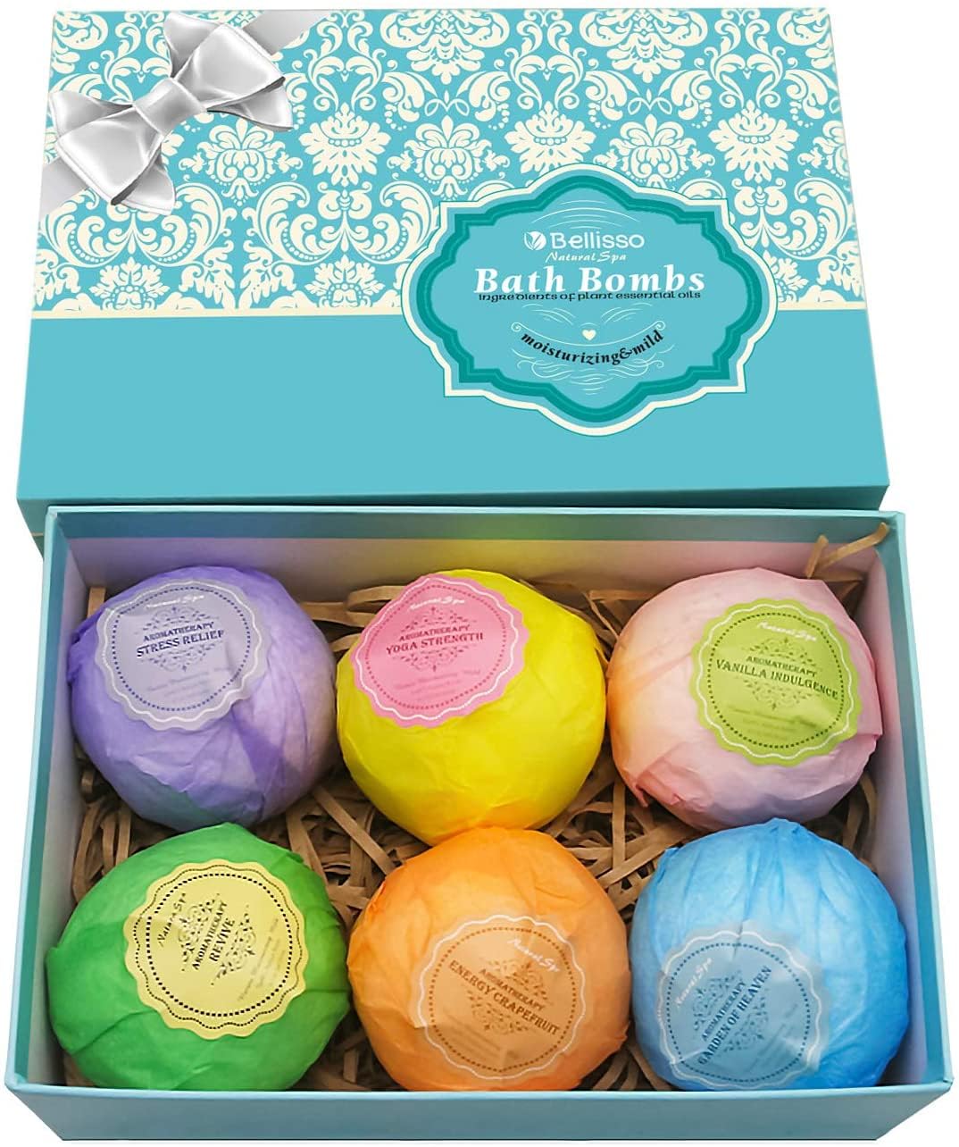 BELLISSO front packaging showing six individually wrapped XXL bath bombs and gift-ready design