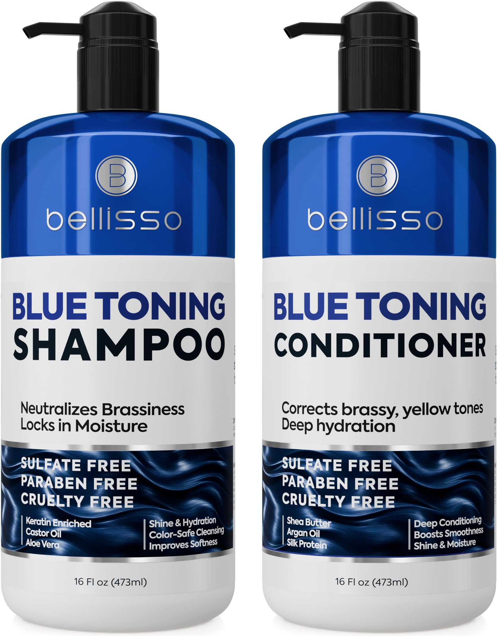 BELLISSO front packaging showing blue shampoo and conditioner restoring brunette tone