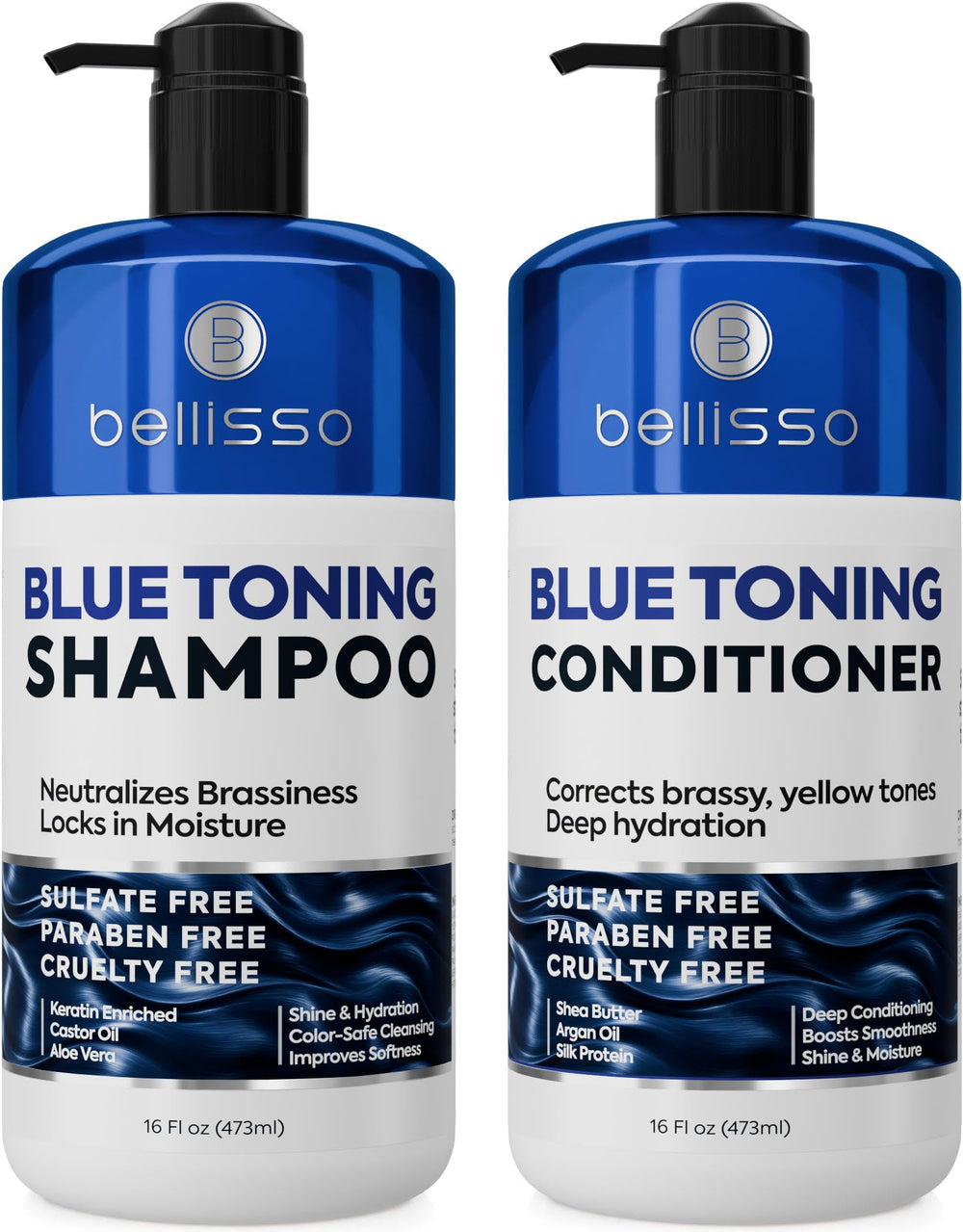BELLISSO front packaging showing blue shampoo and conditioner restoring brunette tone
