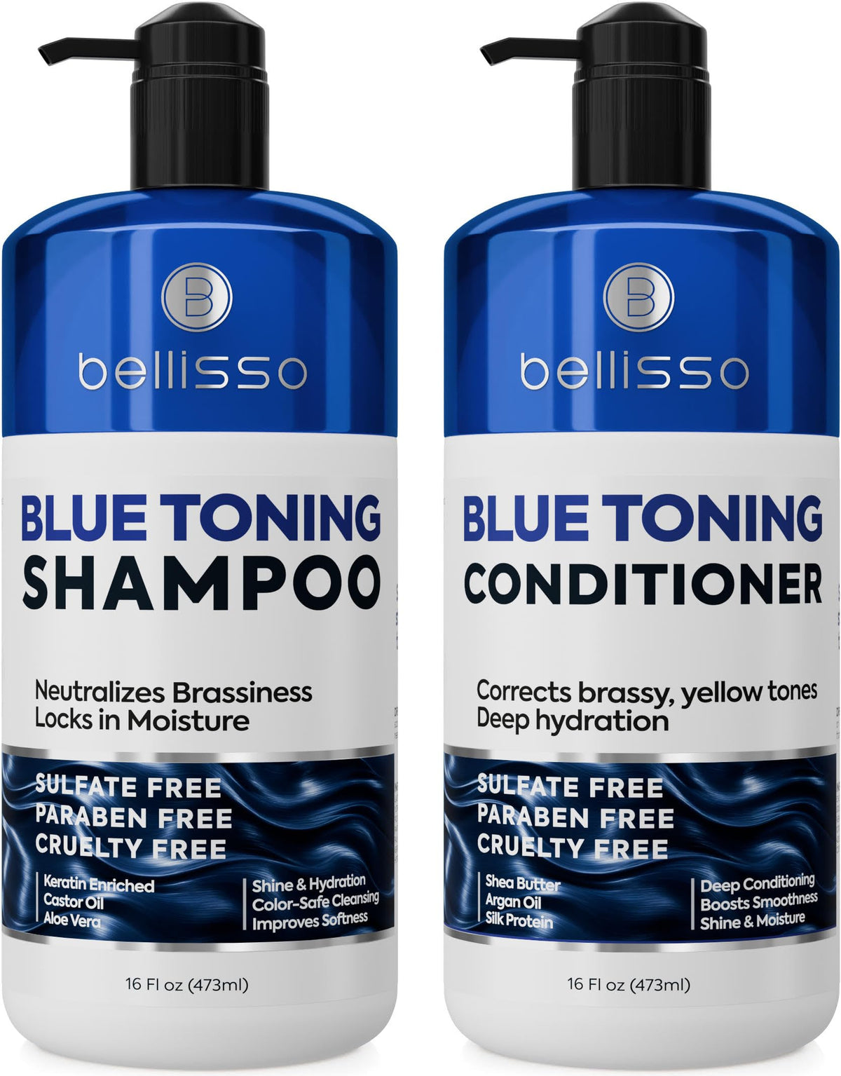 BELLISSO front packaging showing blue shampoo and conditioner restoring brunette tone