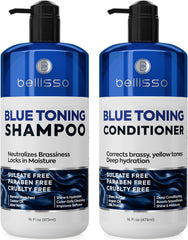 BELLISSO front packaging showing blue shampoo and conditioner restoring brunette tone
