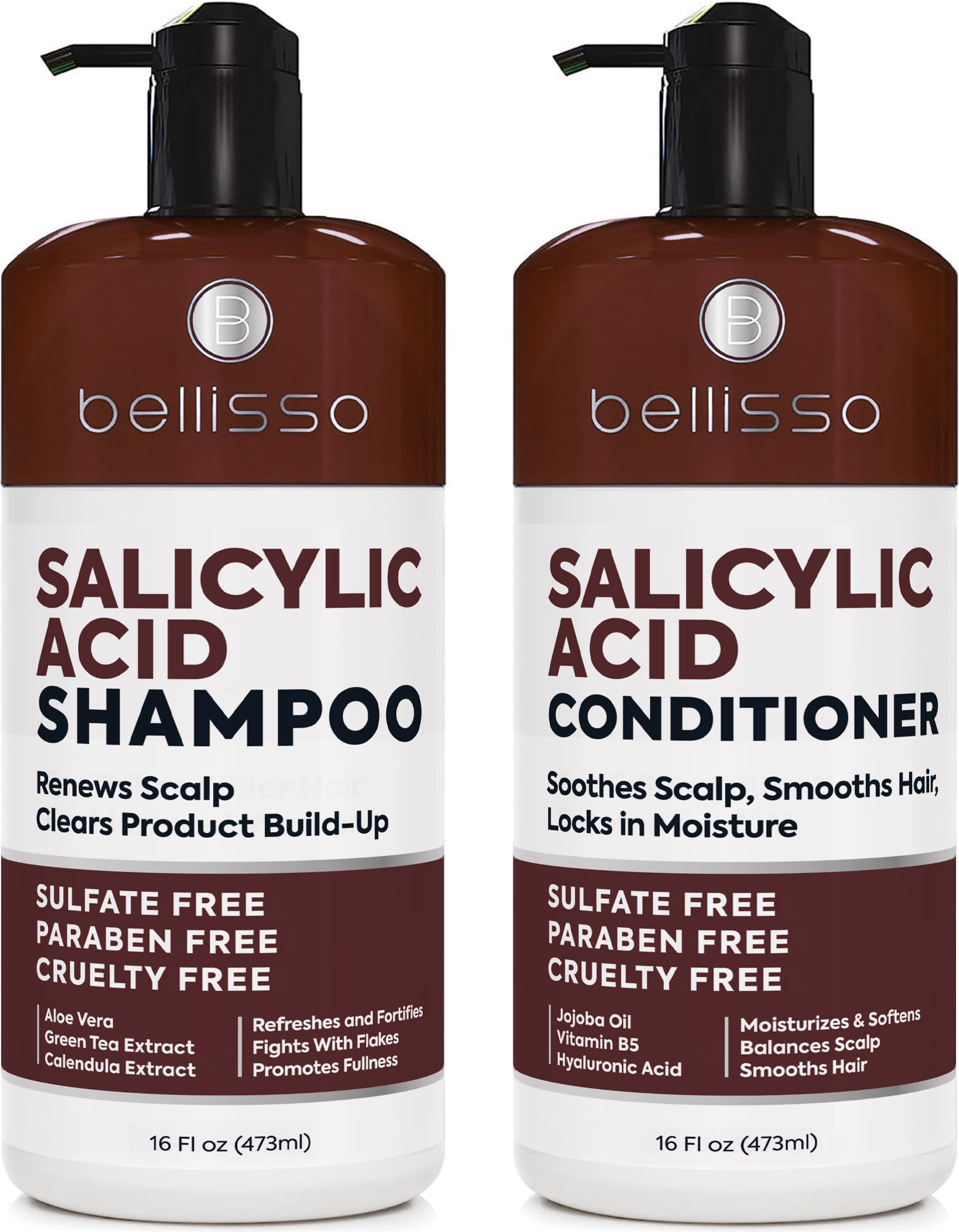 BELLISSO front packaging showing shampoo and conditioner set for clearer scalp and nourished hair